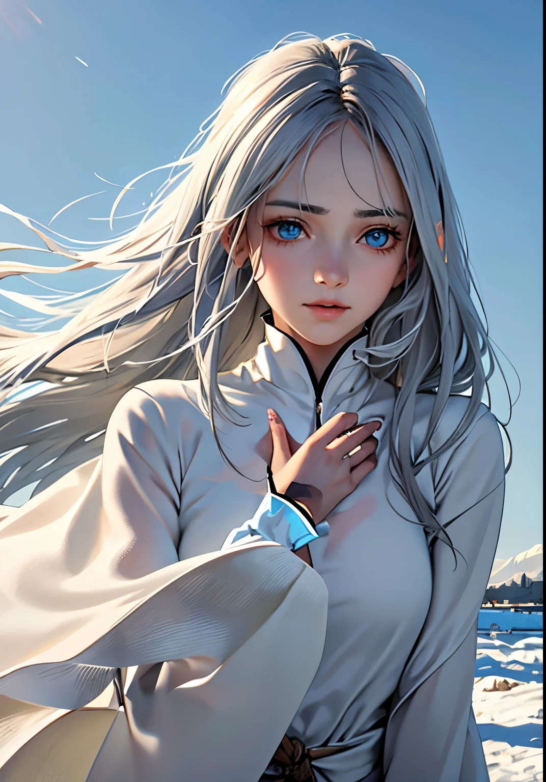 Raw photo, 1 girl,(gray hair), long hair, Stunningly detailed innocent symmetrical face, Emotional, detailed and beautiful eyes, the wind is strong, floating hair, lots of snow, Upper body, detailed face, winter, wood, sunlight,best shadow,((highest quality, masterpiece)),(realistic, photorealistic),Eva_Elfie, sharply focus on the subject,film grain,Fine skin with visible pores, [[Depth of the bounds written]]