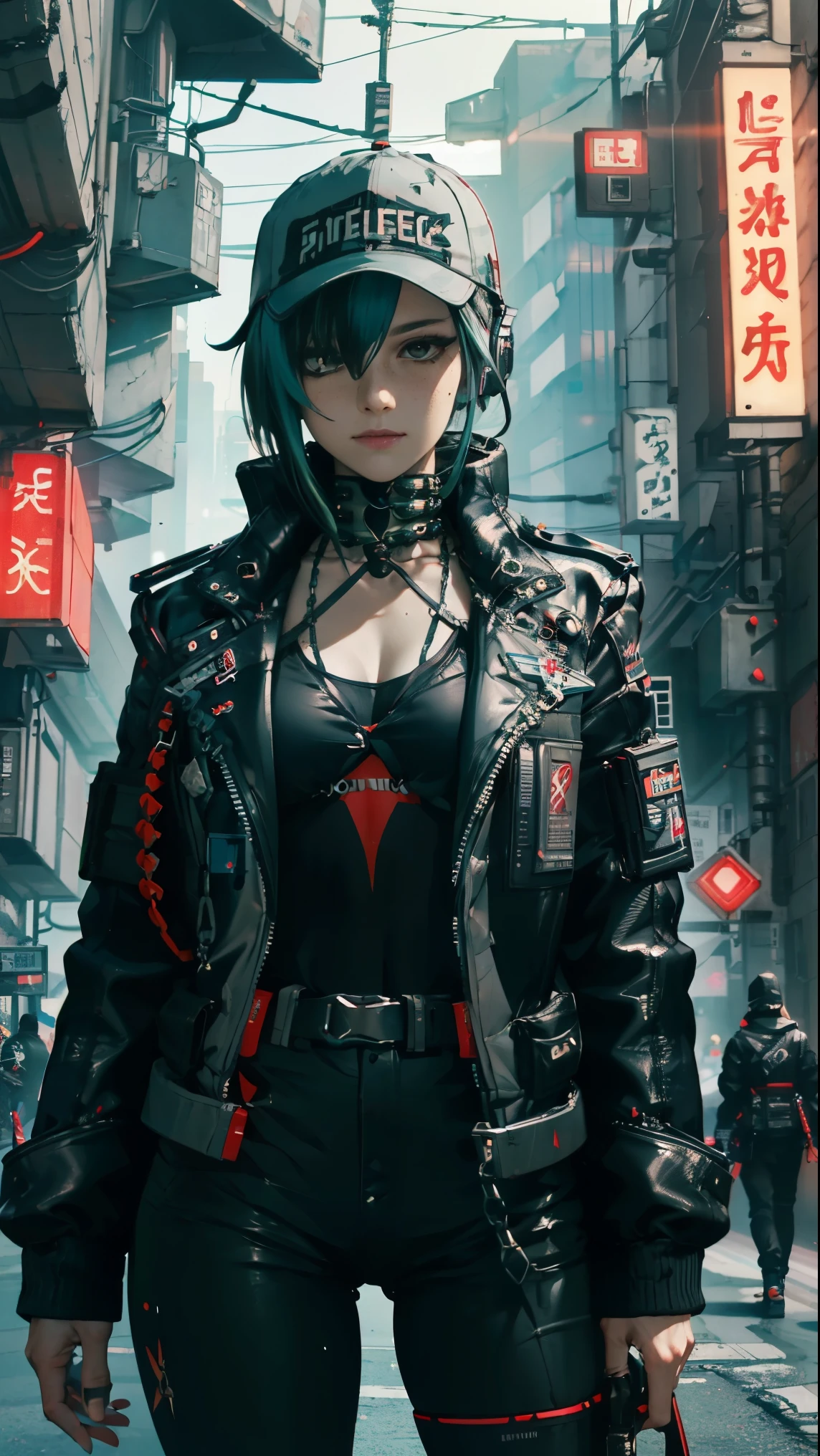 ((Best Quality)), ((Masterpiece)), perfect eyes:1.2, holding a machine gun, detailed eyes:1.4, ((freckles)), woman, hightech visor, high tech, hacker, irezumi, tattoo, techwear, headphones, messy hair, multicolored hair, green hair, black jacket, gradient hair, leather clothes, (machine gun), (High Definition:1.3), 3D, Beautiful (Cyberpunk:1.3), Colored hair, militar, black clothes looking at camera, hacker woman, sticking out, sexual, seduction, neo tokyo