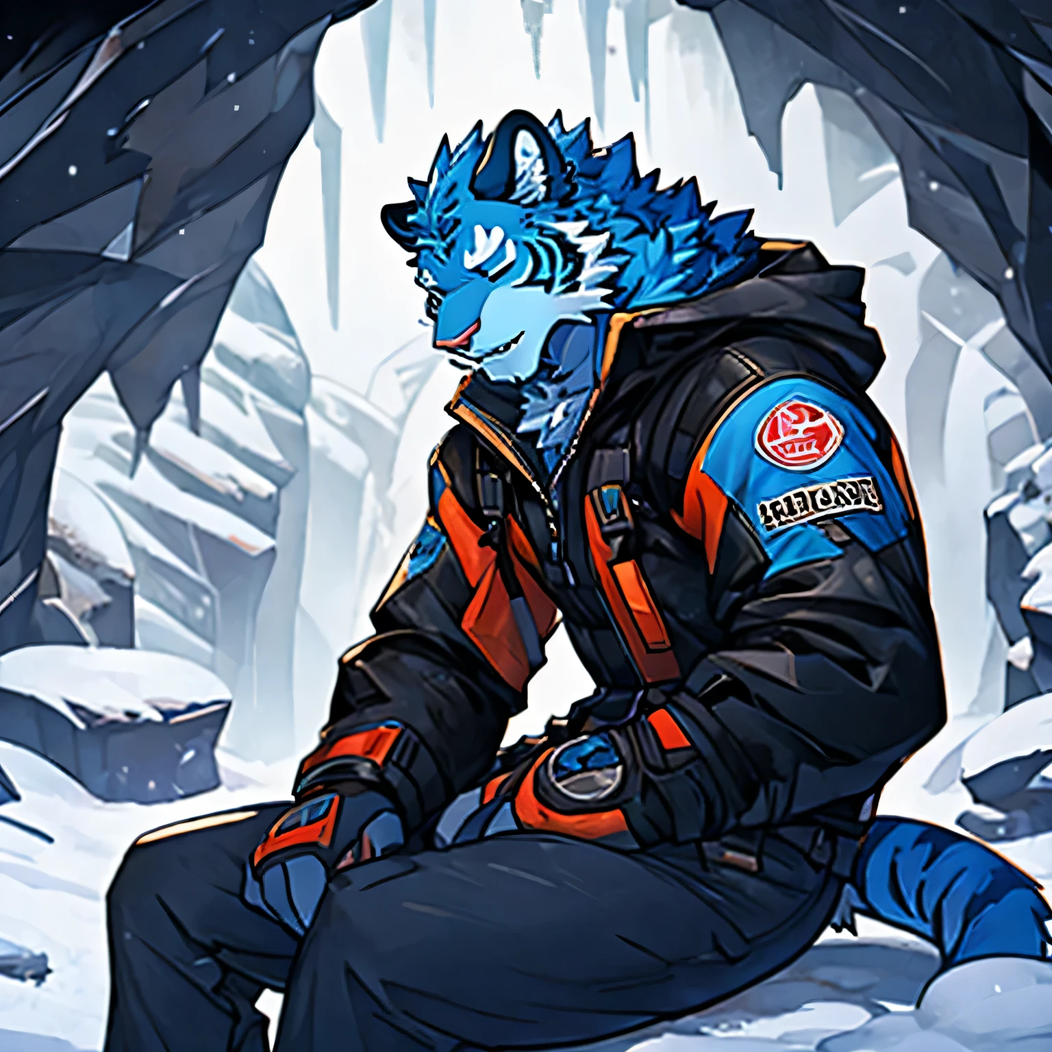 best quality, masterpiece, blue fur，Blue Tiger，Polar suit，eyes closed，Brow furrowed，weak，Strong，exhale hot breath，Sitting in a cave in the snowy mountains，It was a snowstorm outside