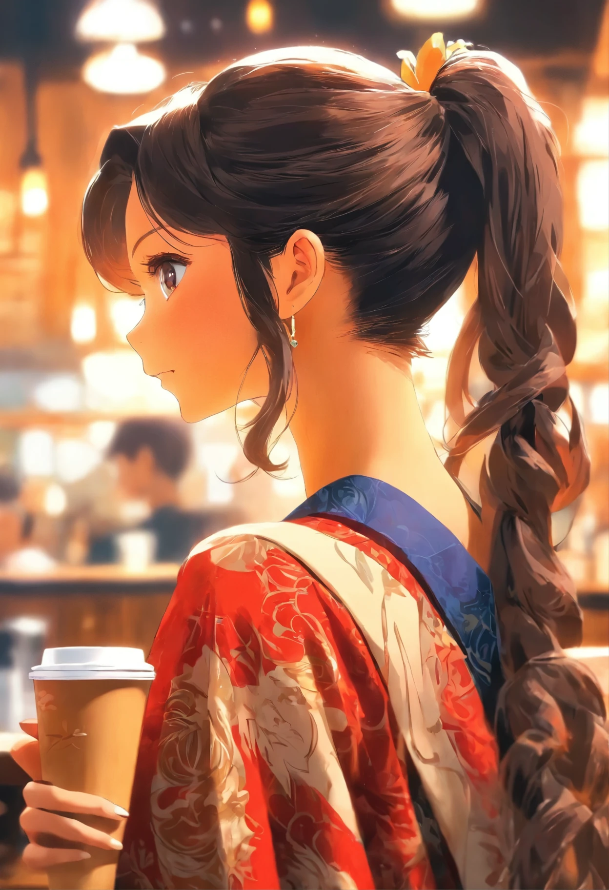 JPN woman college age coffee back view cute have dark hair earring