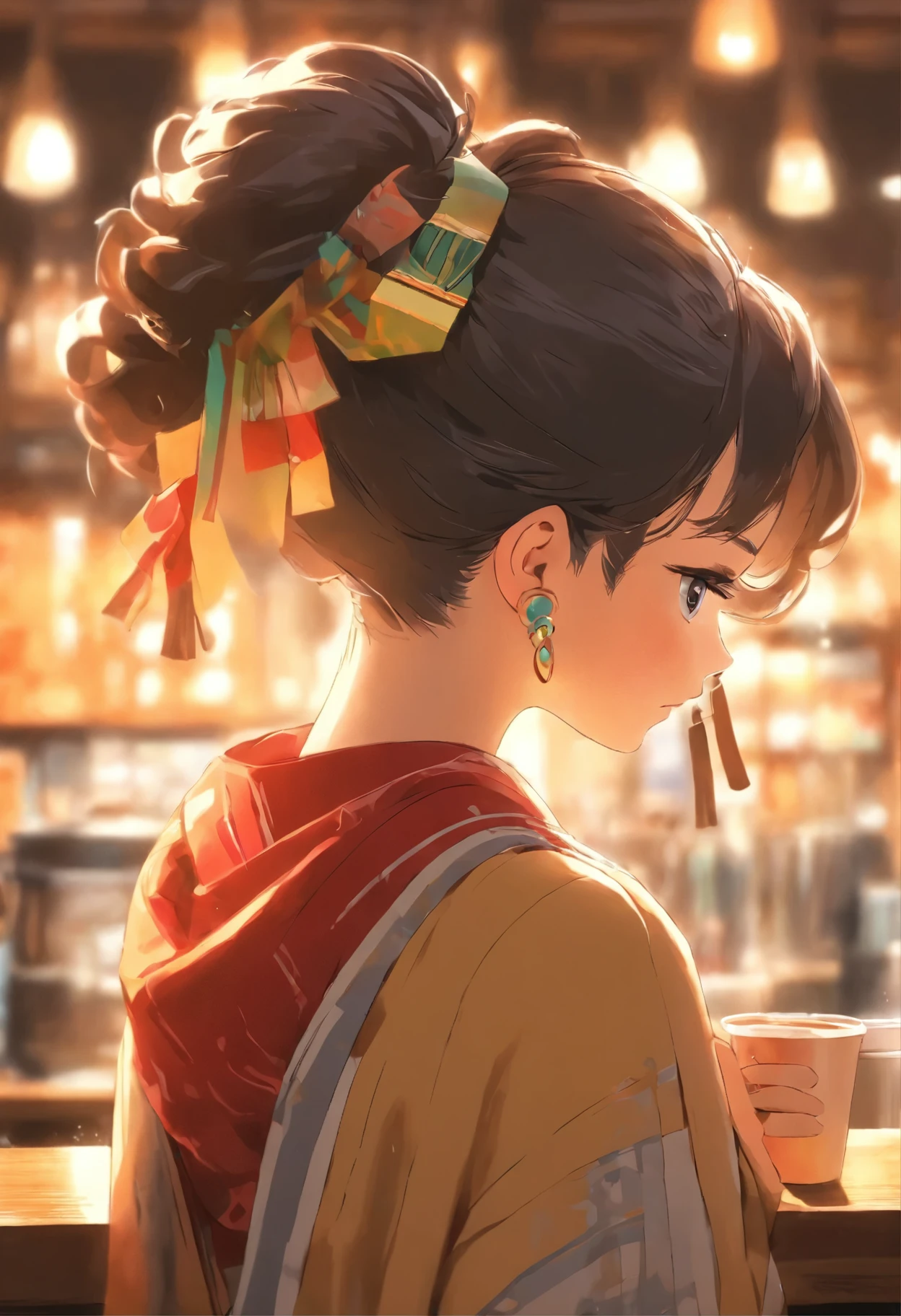 JPN woman college age coffee back view cute have dark hair earring