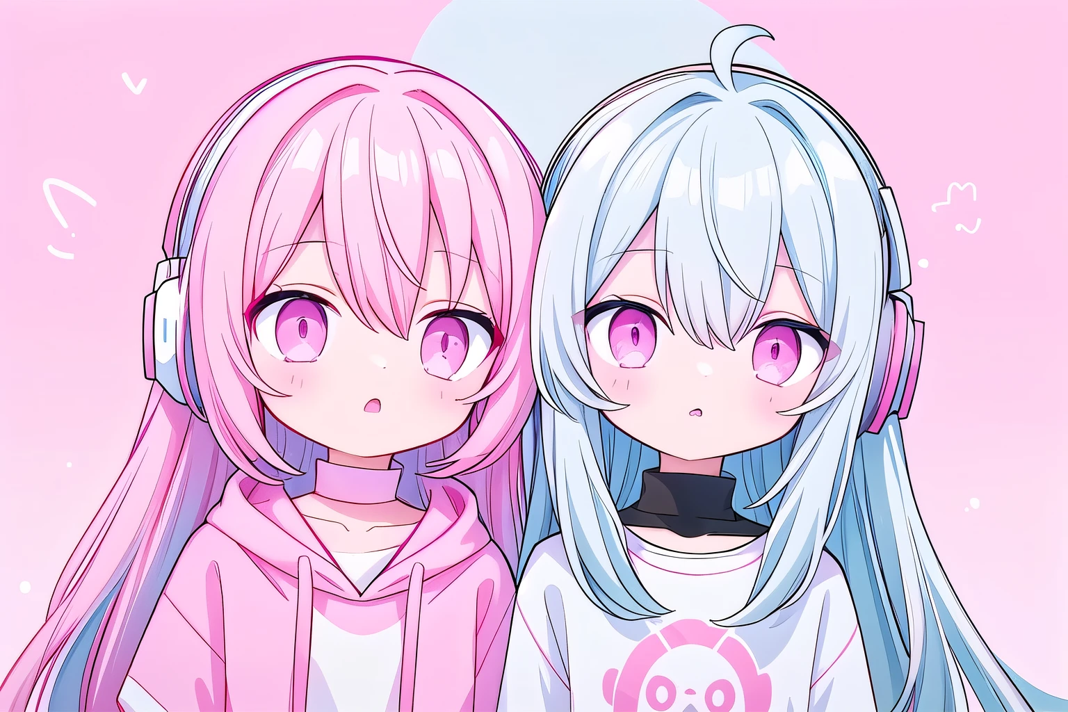 light blue long hair,Pink and white sweatshirt,pink eyes,black headphones,Lollipop in mouth