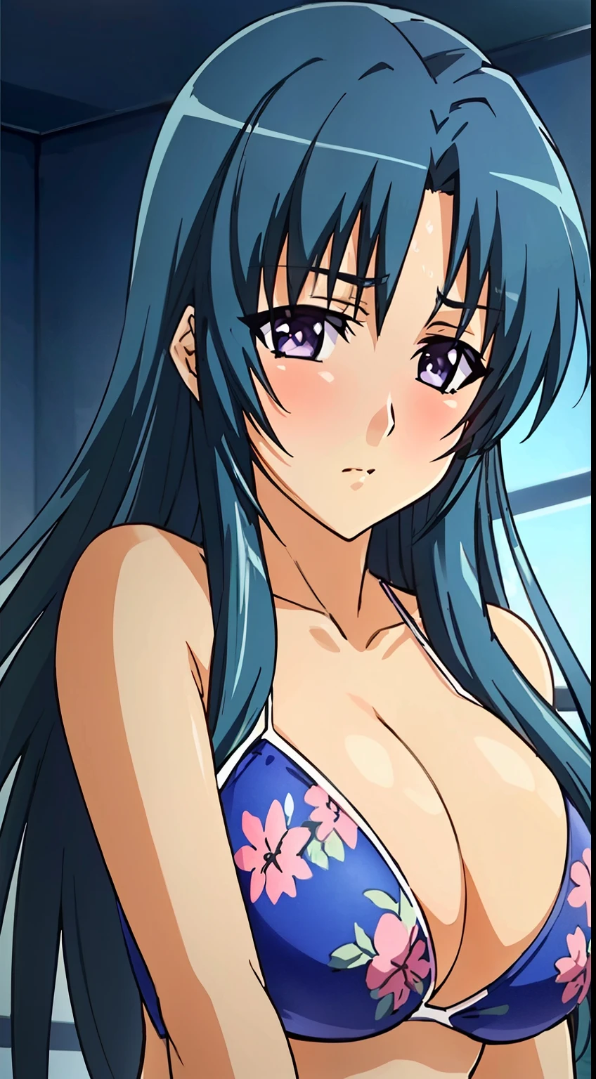 masterpiece, lots of details, 4k, (Super detailed), High resolution, cinematic lighting, atmosphere lighting, official artwork,  sayuri,10's style, 1 girl, alone, female focus, long hair, blue hair, side lock, floating hair, purple eyes, looking at the viewer, blush,   big breasts, floral swimsuit,floral bikini,