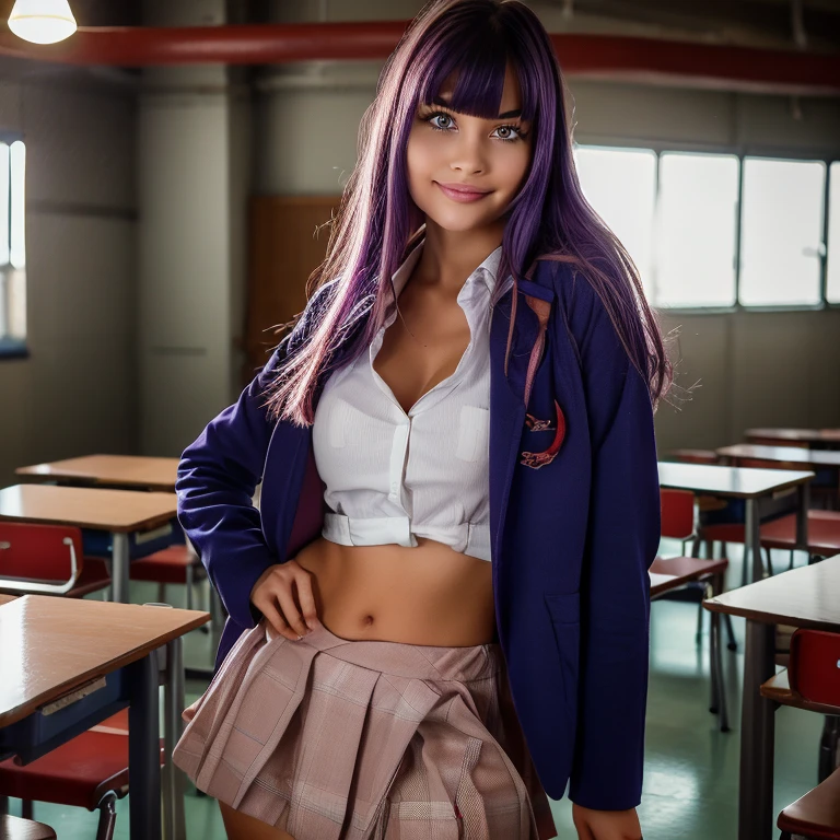 (masterpiece, best quality), highly detailed background, perfect lightingbest quality, kagurazakasaya, solo, indoors, classroom, purple hair, blunt bangs, long hair, red eyes, medium breasts, blue jacket, blazer, red bowtie, white shirt, hand on hip, red skirt, plaid skirt, , smile, closed mouth, pink lips, 