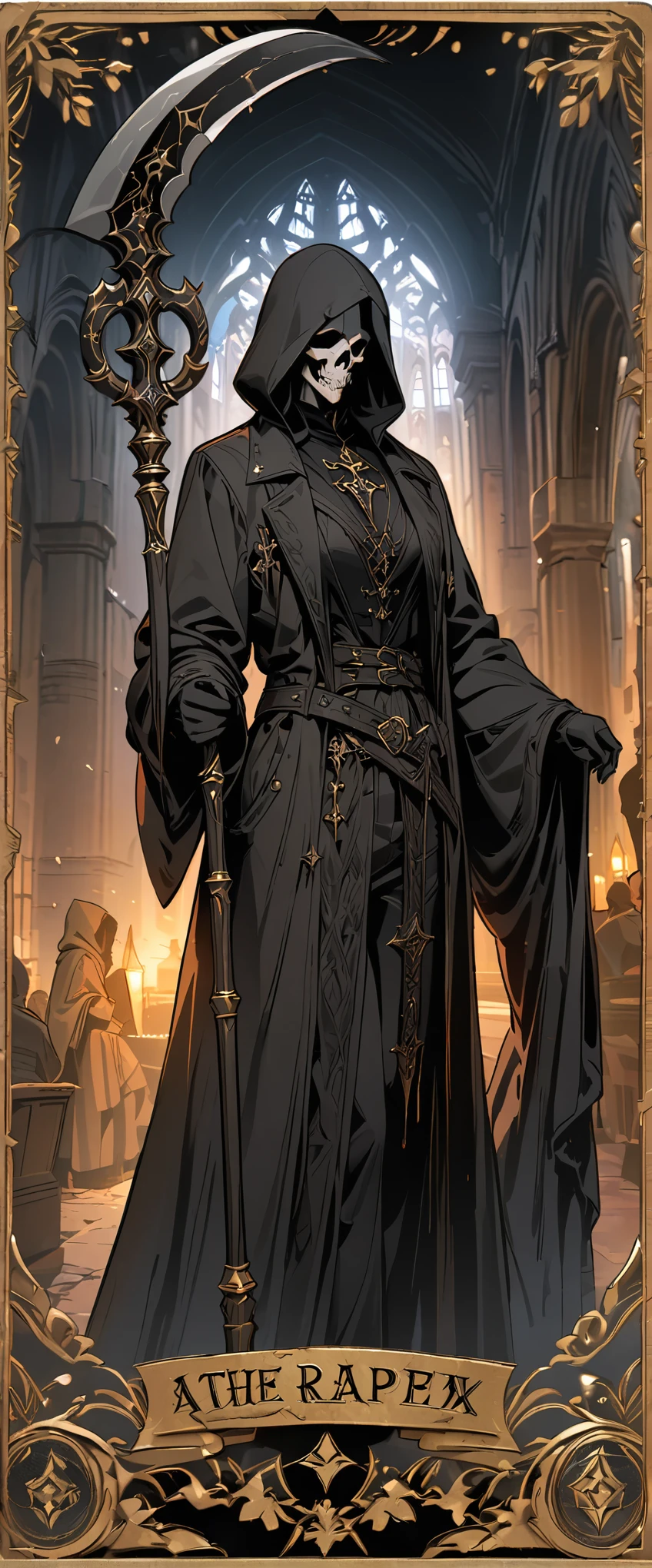 tarot cards，A grim reaper holding a scythe，Nordic style，church background，8k，high quality，masterpiece，Super fine