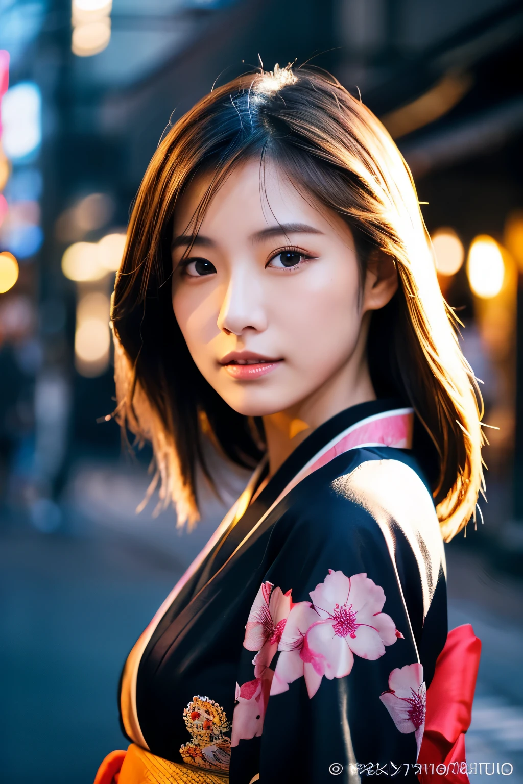 Beautiful Japanese supermodel woman, A lock of hair with slight highlights, black eyes, Sexy,street background,Gorgeous kimono , Liquid color flows across her face, Shooting against the light,Perfect facial lighting,mixed media