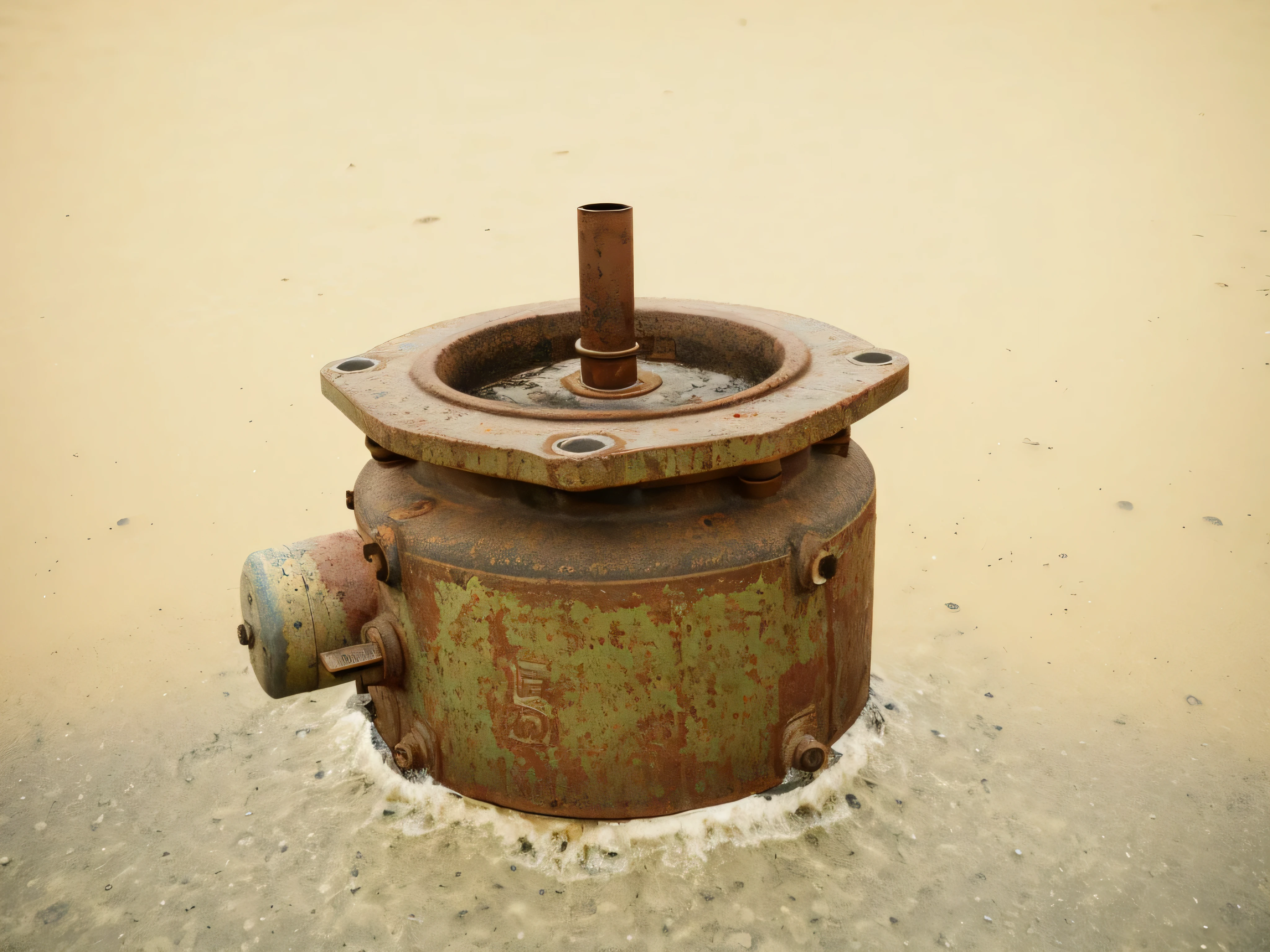 There is a fire hydrant submerged in water, a rusty photo, post processed denoised, industrial photography, industrial machinery, rusty still life, Very detailed product photos, antique, old color photo, electric motor, High resolution product photos, pillar, Retro old, Highly detailed texture rendering, author：Sugiyama Yasushi