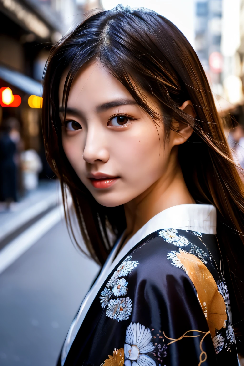 Beautiful Japanese supermodel woman, A lock of hair with slight highlights, black eyes, Sexy，street background，Gorgeous kimono , Liquid color flows across her face, Shooting against the light，Perfect facial lighting，mixed media