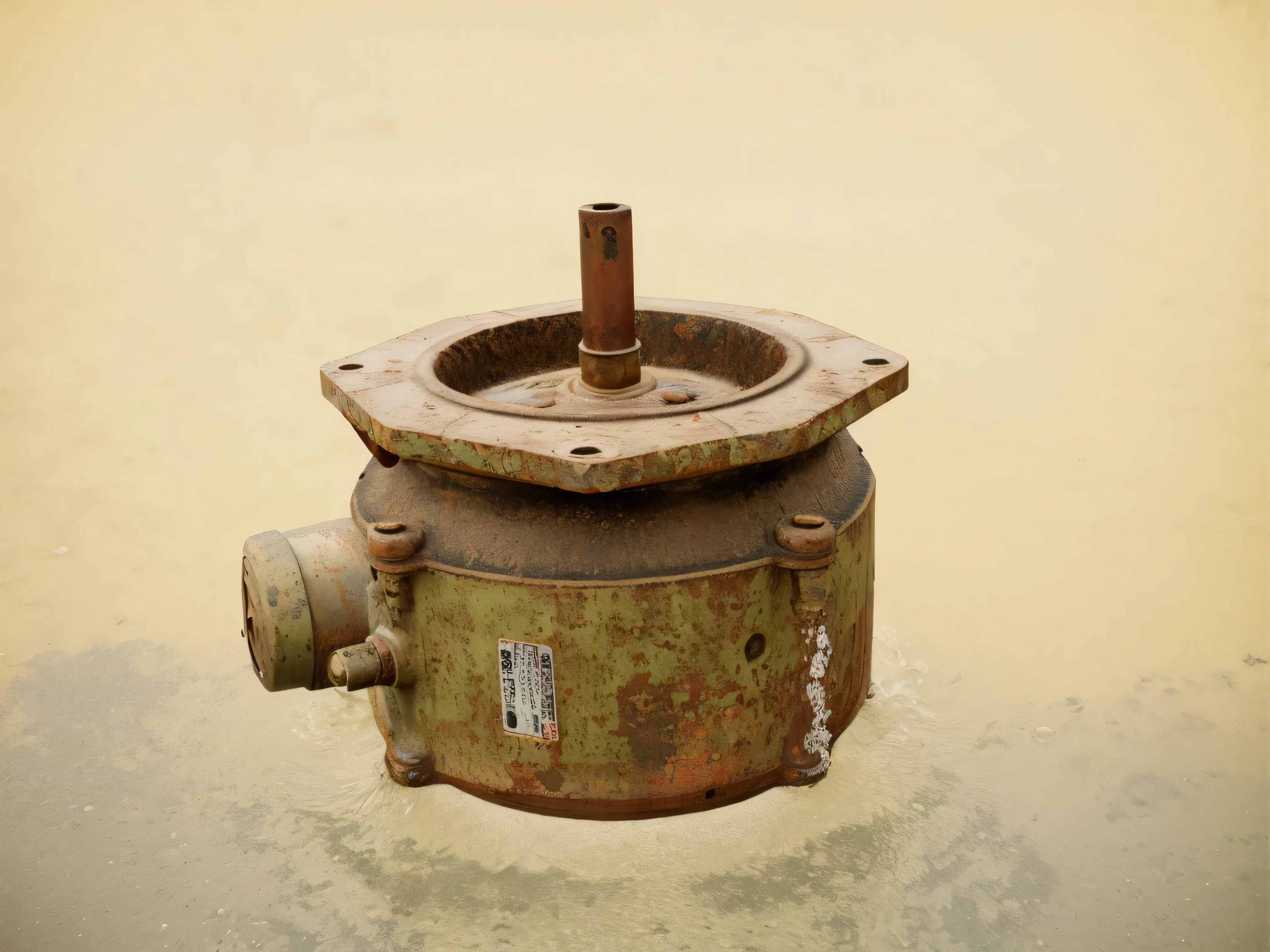 There is a fire hydrant submerged in water, a rusty photo, post processed denoised, industrial photography, industrial machinery, rusty still life, Very detailed product photos, antique, old color photo, electric motor, High resolution product photos, pillar, Retro old, Highly detailed texture rendering, author:Sugiyama Yasushi