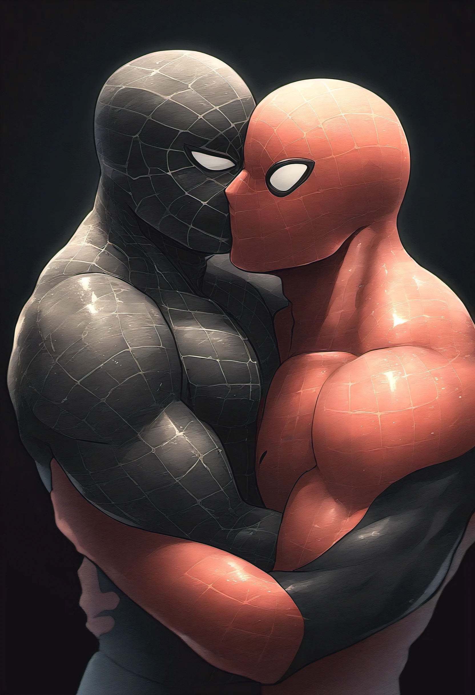 anime characters:Priapus and Black Spider-Man, Embrace, kiss, Muscular Spider-Man, male focus, No Spider-Man Logo, Upper body, aged leather texture, He wears a White tights, small grid texture, spiderman mask, Spider-Man logo, muscular male, Extra large breasts, only, alone, Black background, simple background, amazing quality, best aesthetics, Ridiculous, drop shadow, best quality