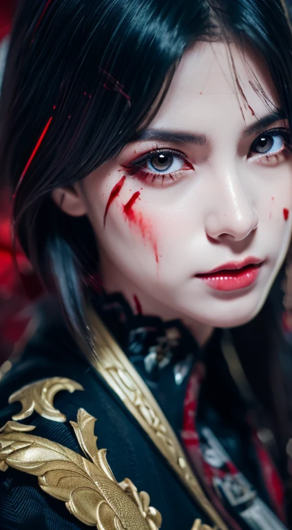(This is a CG illustration.)(masutepiece:1.2, Best Quality), (finely detailed beautiful eye: 1.2), (Detailed background,Dark Fantasy), (beautifull detailed face), High contrast, (Best Illumination, extremely delicate and beautiful), ((Cinematic Light)), Colorful, Hyper Detail, Dramatic light, Intricate details, (1 girl, Solo,Black hair, Sharp face,low twintails,Red Eyes, hair between eye,Dynamic Angle), (blood splashing:1.4), swirling black light around the character, depth of fields,Blacklight Particle Loken Zic Circle,