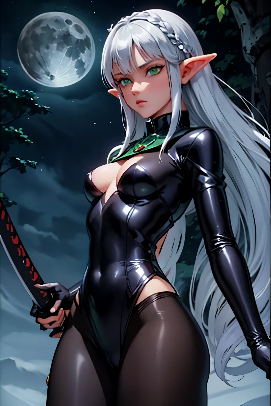 Dnd elf girl, gloomstalker ranger subclass, bright silver hair, emerald green eyes, clothing is black, giant moon, small , holding katanas,