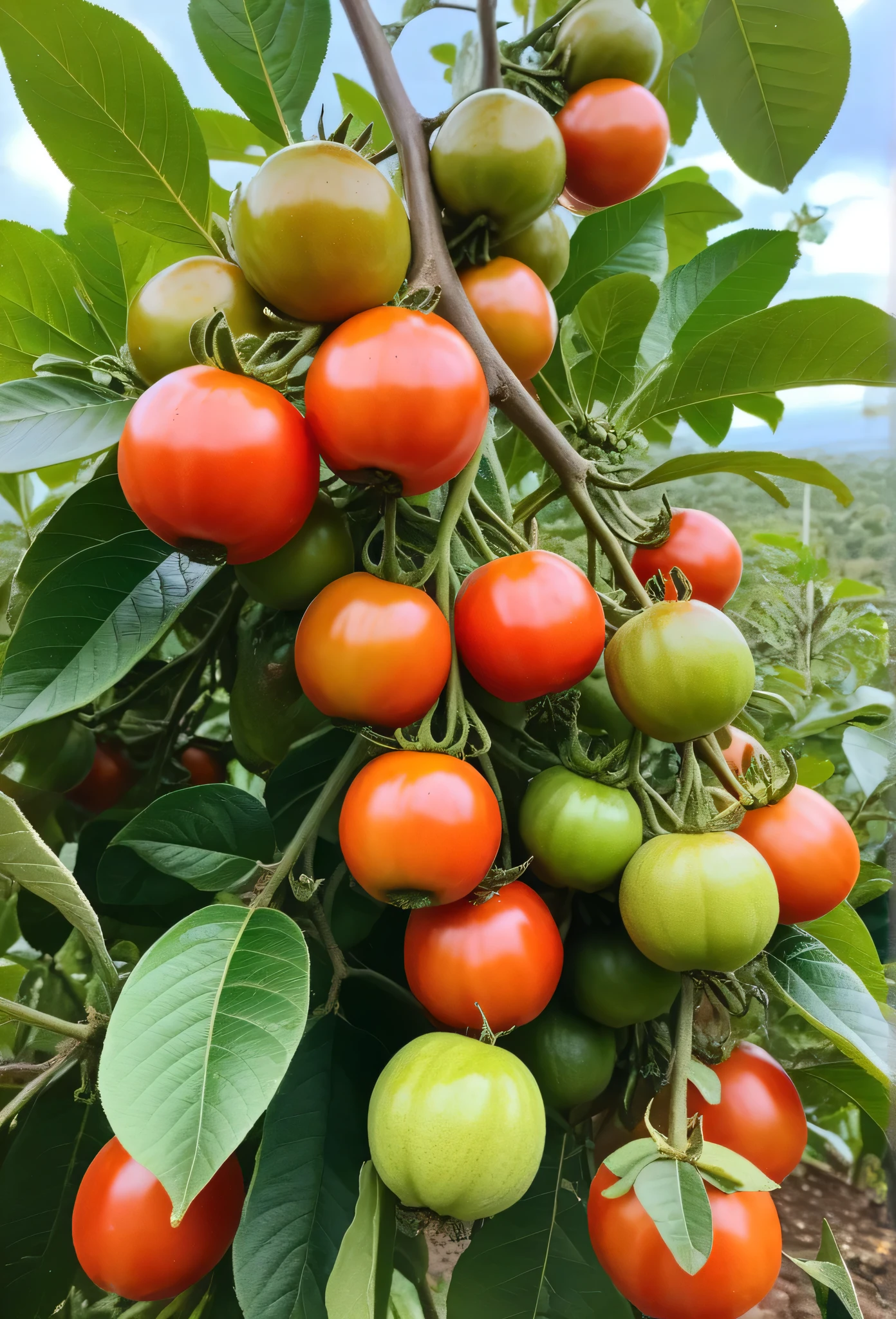 A guava tree is full of tomatoes and guavas