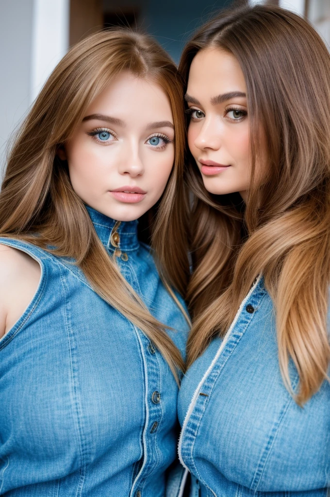 Professional photograph, best quality, 8K, hyper detailed, half body, A close up portrait of two gorgeous, beautiful, wonderful women, argentinian and russian females together posing for the camera, both women have super long hair, argentinian girl has brown hair and russian girl has dark blonde hair, the both of them are wearing winter clothing, both girls are wearing denim jackets. Both women are wonderful, dream, ethereal, timeless, majestic beauties from Argentina and Russia, they're glad and enjoying taking a picture. There are a argentinian and a russian flag at bottom