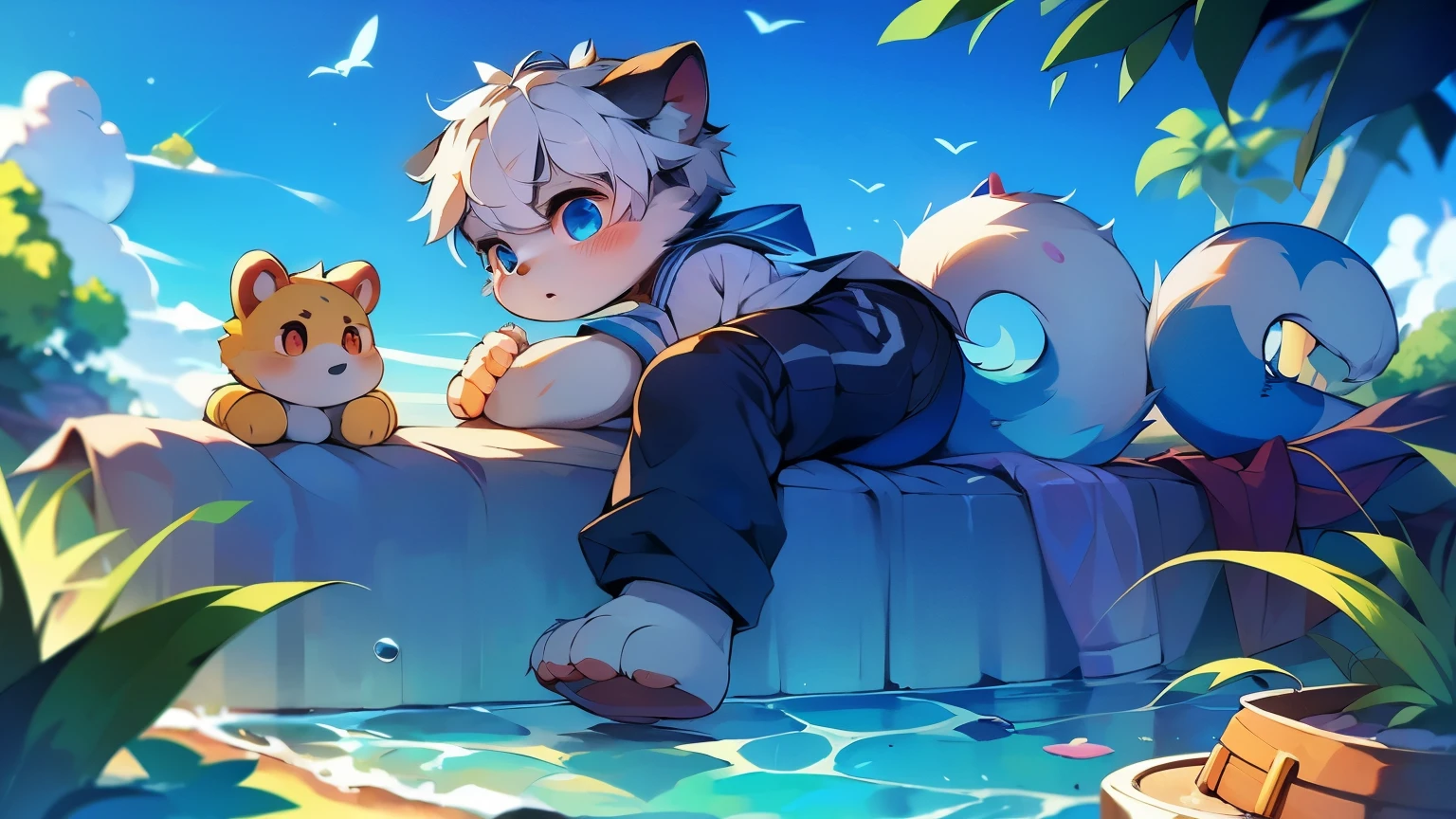 intermittently，masterpiece，High resolution，8K，Detailed background，high quality，intermittently，intermittently，（light blue fur，white hair，black sclera，hairy的毛皮，Fine hairs）） hairy， shattered， muscular， horny boy， toy doll， shorter pants， Swimming pants， abyss,((at the bottom of the sea， seaside， play with water， swim， dive，float))， alone,Sailor suit,Lying in bed,behave in a spoiled manner,shy blush
