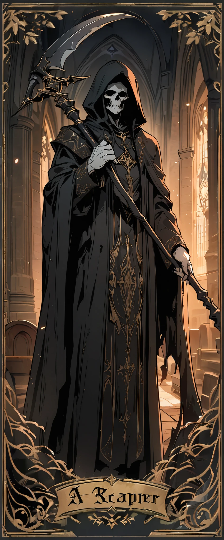 tarot cards，A grim reaper holding a scythe，Nordic style，church background，8k，high quality，masterpiece，Super fine

