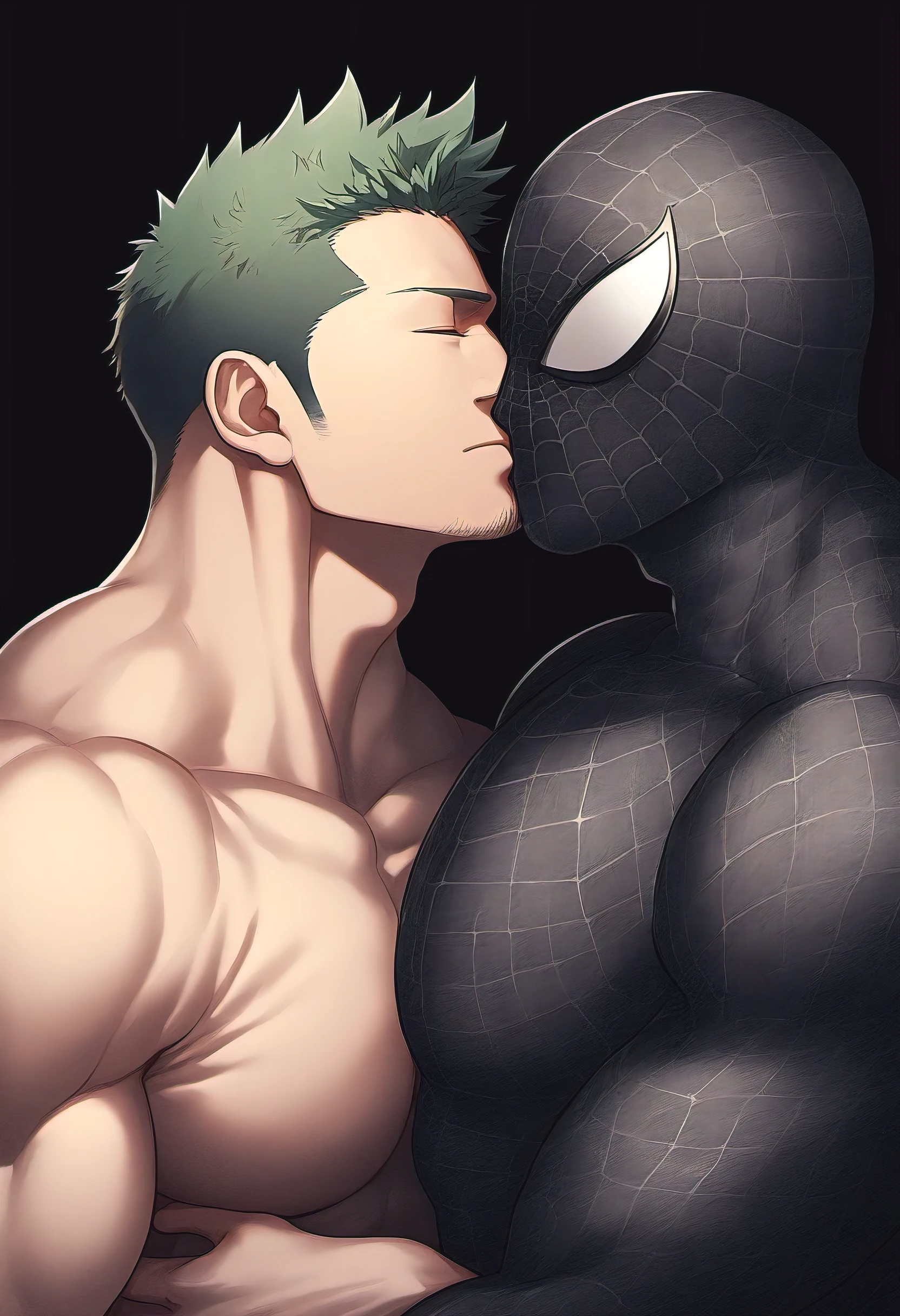anime characters：Priapus and Black Spider-Man, Embrace, kiss, Muscular Spider-Man, male focus, No Spider-Man Logo, Upper body, aged leather texture, He wears a White tights, small grid texture, spiderman mask, Spider-Man logo, muscular male, Extra large breasts, only, alone, Black background, simple background, amazing quality, best aesthetics, Ridiculous, drop shadow, best quality