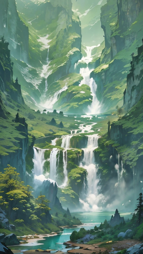 painting of a waterfall in a mountainous area with a boat in the water, highly detailed digital painting, immense waterfall, multiple waterfalls, an endless waterfall, made of tree and fantasy valley, digital painting highly detailed, floating mountains, very detailed digital painting, highly detailed fantasy art, environmental concept art, detailed fantasy digital art, detailed painting 4 k, fantasy landscape painting