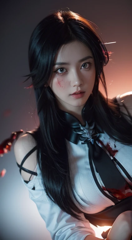 (This is a CG illustration.)(masutepiece:1.2, Best Quality), (finely detailed beautiful eye: 1.2), (Detailed background,Dark Fantasy), (beautifull detailed face), High contrast, (Best Illumination, extremely delicate and beautiful), ((Cinematic Light)), Colorful, Hyper Detail, Dramatic light, Intricate details, (1 girl, Solo,Black hair, Sharp face,low twintails,Red Eyes, hair between eye,Dynamic Angle), (blood splashing:1.4), swirling black light around the character, depth of fields,Blacklight Particle Loken Zic Circle,