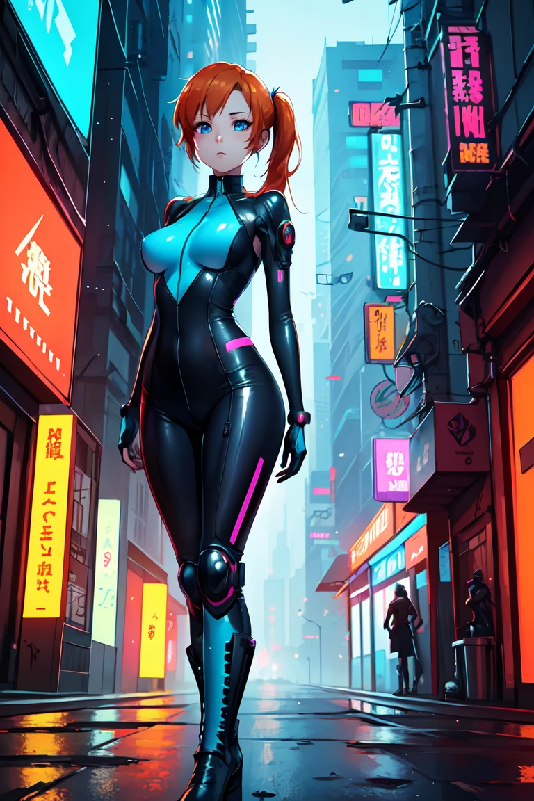 hd masterpiece, anime girl, 1girl ((30year old, dressed in a tight blue futuristic sci-fi bodysuit, boots, medium breasts, short orange hair, pony tails, perfect model body:1.3, detailed blue eyes:1.5, standing the streets of a cyberpunk city with futuristic technology in the background:1.5)) inspired by Yuumei, dreamy cyberpunk girl, anime cyberpunk art, digital cyberpunk - anime art, cyberpunk anime girl, by Yuumei, digital cyberpunk anime art, cyberpunk, cyberpunk anime art, cyberpunk vibe, cyberpunk art style ((solo:1.6))