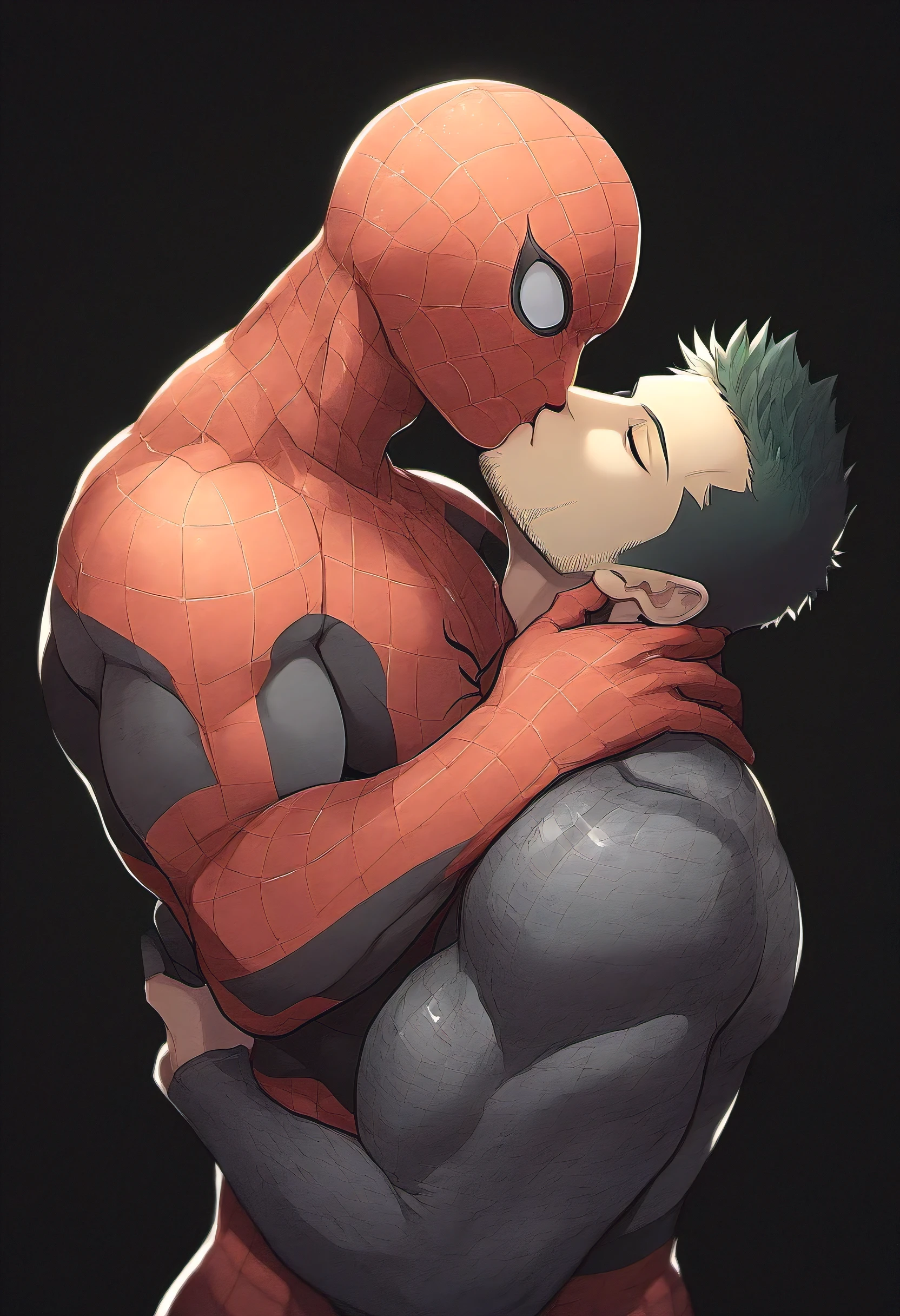 anime characters：Priapus and Black Spider-Man, Embrace, kiss, Muscular Spider-Man, male focus, No Spider-Man Logo, Upper body, aged leather texture, He wears a White tights, small grid texture, spiderman mask, Spider-Man logo, muscular male, Extra large breasts, only, alone, Black background, simple background, amazing quality, best aesthetics, Ridiculous, drop shadow, best quality