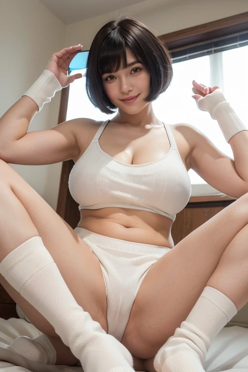 ((masterpiece, highest quality,8k,ultra-realistic)),whole body,Highly detailed cute girl,black hair,bob cut style with bangs,smile,big breasts,cleavage,big ass,naked,sexy style,(nurse),(white baggy high loose socks:1.3),((spread your legs)),(squat),(raise your hand),from below,on the bed,