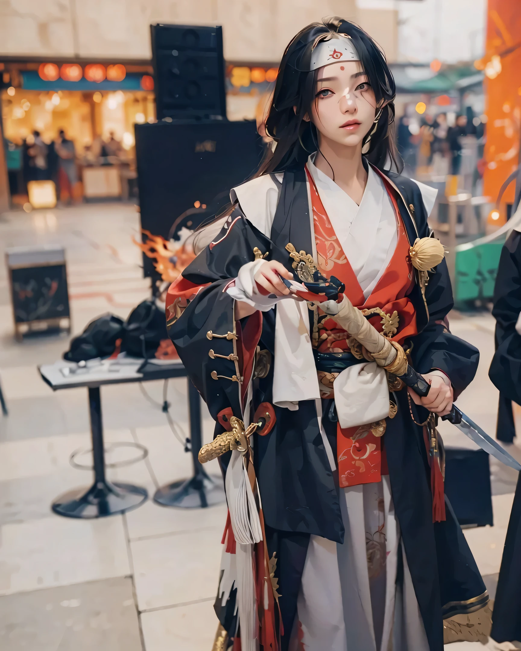 ((ONIKIRI_ONMYOJI),((realistic, photorealistic)),(highlight hair)), Light reflection, (( HD )),((upper body)), (((best quality, masterpiece))), (masterpiece) (best quality) (detail) (8k) (HDR) (wallpaper) (cinematic lighting) (sharp focuasterpiece, best quality: 1.1), Real life adaption of this character, Asian teen beauty face, Shining green eyes, realistic outfit, realistic shadow, realistic light, realism, hyper realistic, realistic background,(photorealistic:1.2), 1man,Fire background, indeed sword, smoke blur, glow effect,Foreground blur fire