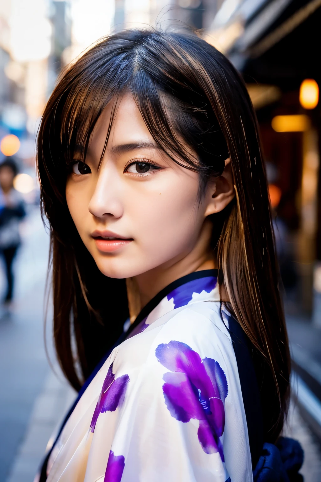 Beautiful Japanese supermodel woman, A lock of hair with slight highlights, black eyes, Sexy,street background,Gorgeous kimono , Liquid color flows across her face, Shooting against the light,Perfect facial lighting,mixed media