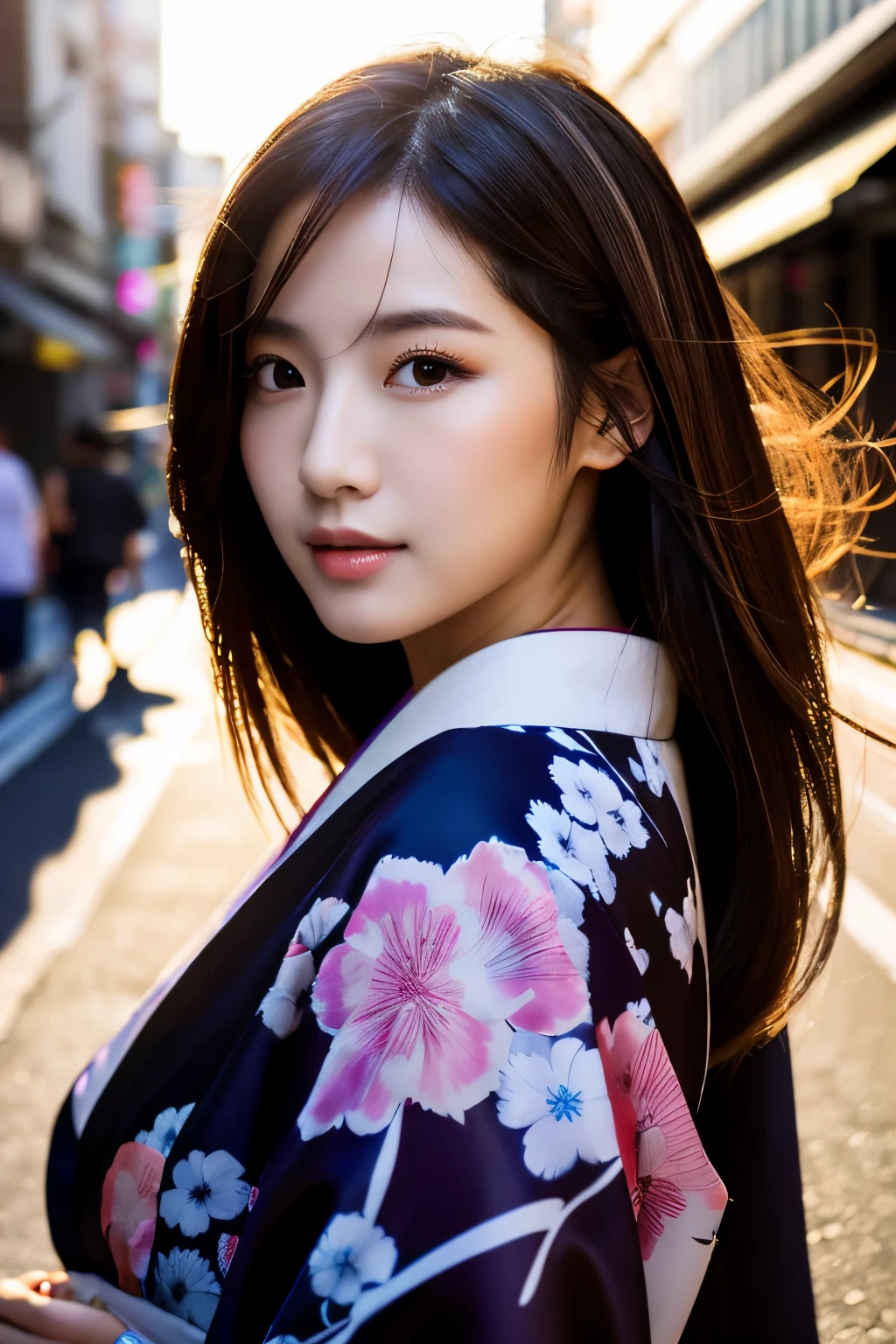 Beautiful Japanese supermodel woman, A lock of hair with slight highlights, black eyes, Sexy,street background,Gorgeous kimono , Liquid color flows across her face, Shooting against the light,Perfect facial lighting,mixed media