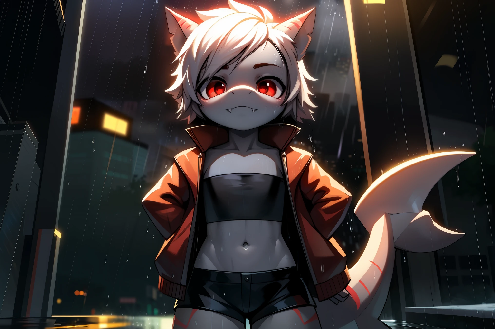 ((shark)), solo, young, cub, flat chest, grey body, (short snout), red eyes, white spiky hair, fangs. shark tail, red open jacket, ((black tube top)), ((black short shorts)), ((standing)), looking at viewer, city background. ((raining)), (((heavy rain))), up close. Very good figure, cinematic lighting, volume lighting, masterpiece, best quality