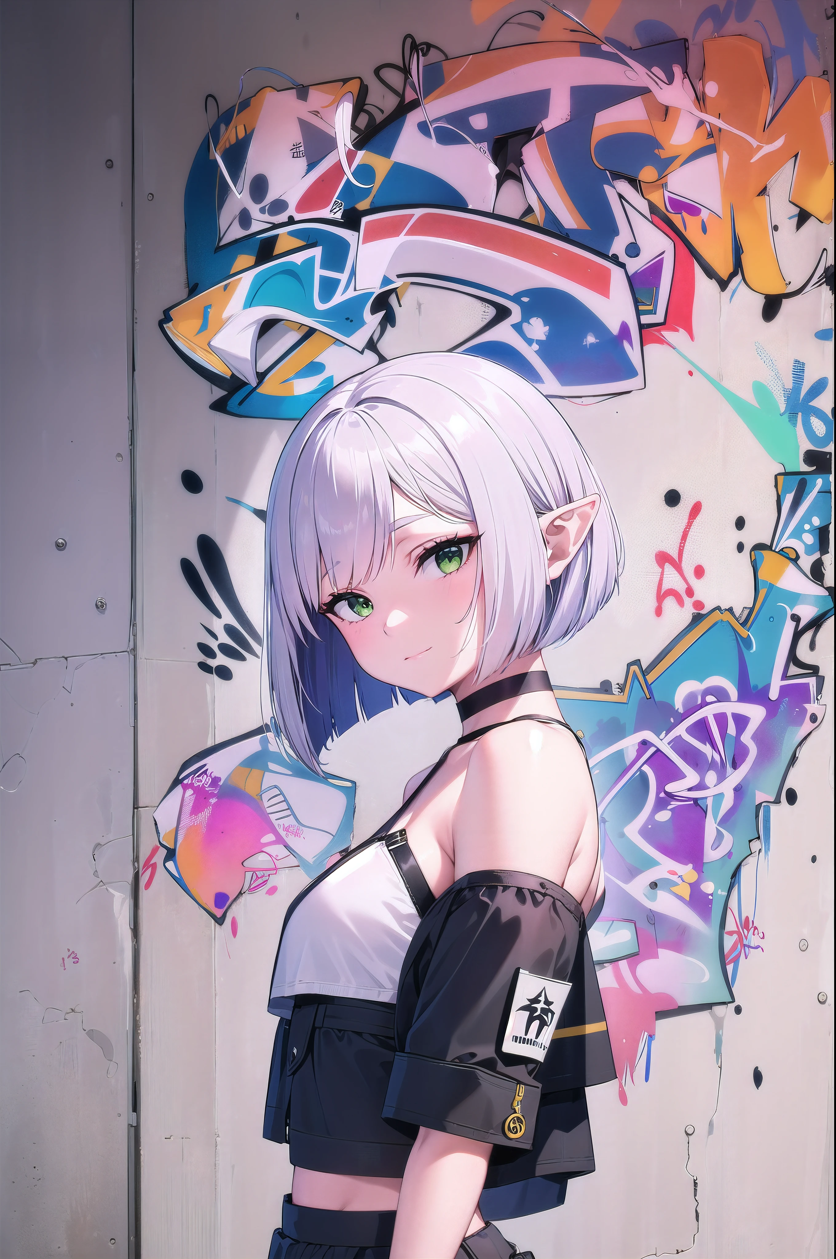 masterpiece, best quality, 1girl, solo, stylish crop top, smile, vibrant short white hair, (sliced_bob), bobhair, short-hair, short bob hair, (((bobcut))), bob haircut, very short bob cut, lip length hair, blunt ends, pixie bob, buzzed nape ((haircut:1.3)), undercut, bobbed hair, minibob, sidecut, shaved, green eyes, elf ears, graduation bob, straight short hair, short hair above the ears, Shot diagonally from the side, elegant braid, soft bangs, upper body, alluring choker, (graffiti:1.5), artistic paint splatter, seductive arms behind back, leaning against wall, exposed back, fashionable armband, urban hiphop style, flirty skirt, playful head tilt, intense expression, warm orange, dynamic asymmetrical design, bold geometric shapes, creative street art