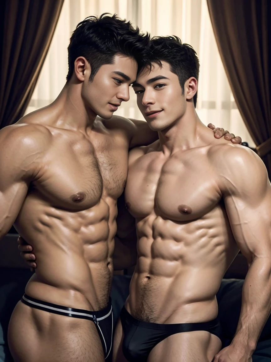 Two boys kissing，In the spacious and luxurious bedroom，big bed，Premium sofa，thong，handsome man，Full chest muscles，Six-pack abs，Raised sexy, smile at each other ，blue eyes，Sexy and charming expression，Affectionate and loving，Perfect hand details