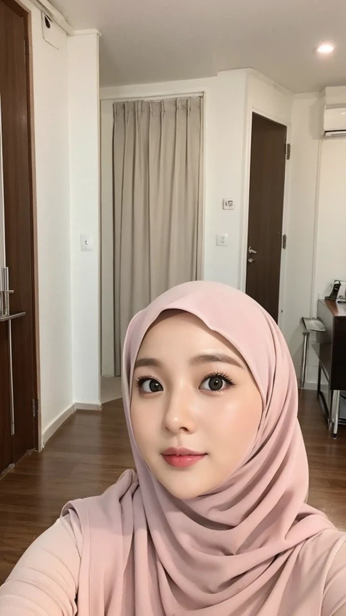Beautuful Women、hijab, indonesian, realistic, a room、selfee、White Room、The face is cute、Vanrak Ayyans appears. beautiful、alone