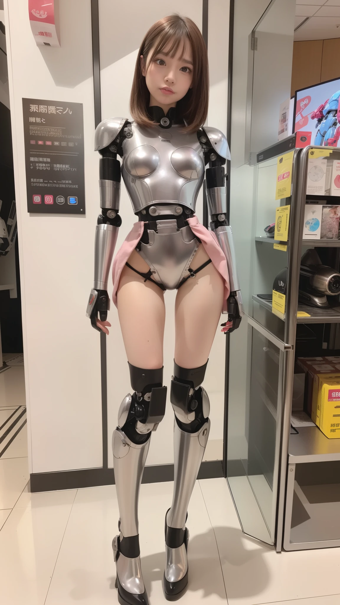 Robot Girl, pink there, Silver, Metallic body, Robot Parts, Metal Parts, Super Detailed Face, Super well-formed face, of the highest quality, a small face, a small head, Brown hair, Slender body, Camera gaze, Internal Mechanical Exposure, Idol, front facing, Well-proportioned body, sale, Exhibited, Event Hall, Moe Pose, pink metallic ta dress machine armor, Standing with legs open, Model body type, sad, Embarrassing,(Perfect Robot Girl),(Perfect machine body)