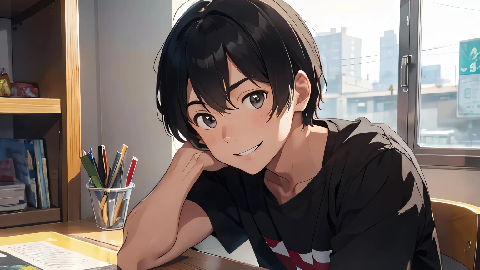 A 20-year-old man looks next to him and smiles.、alone