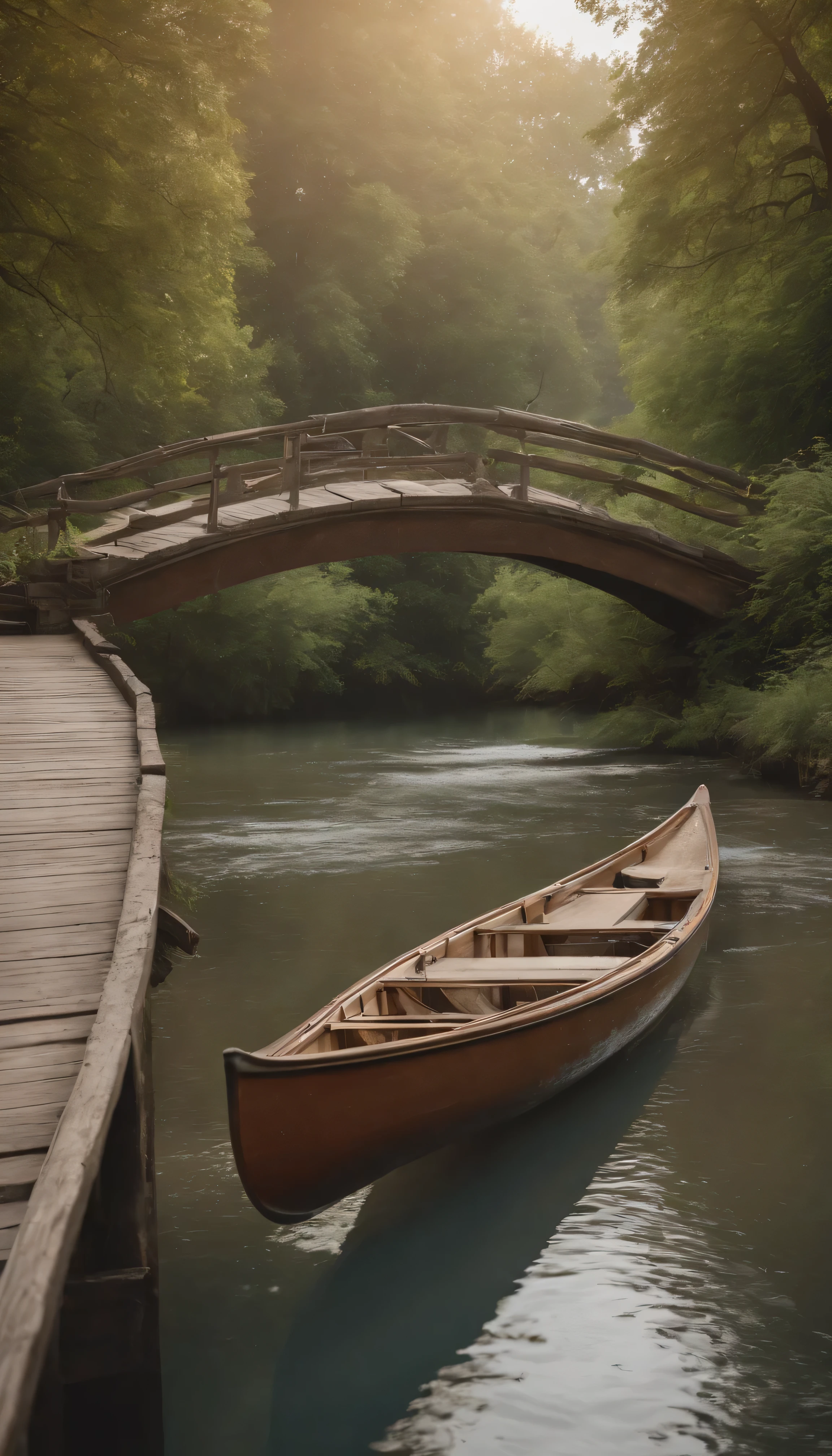 (Highly detailed CG Unity 8K wallpaper、masterpiece、best quality、super detailed)、(best lighting、best shadow、Very delicate and beautiful)best quality、8K、Detailed facial depiction、masterpiece、best quality、clear image quality、Photo of canoe crossing the old bridge