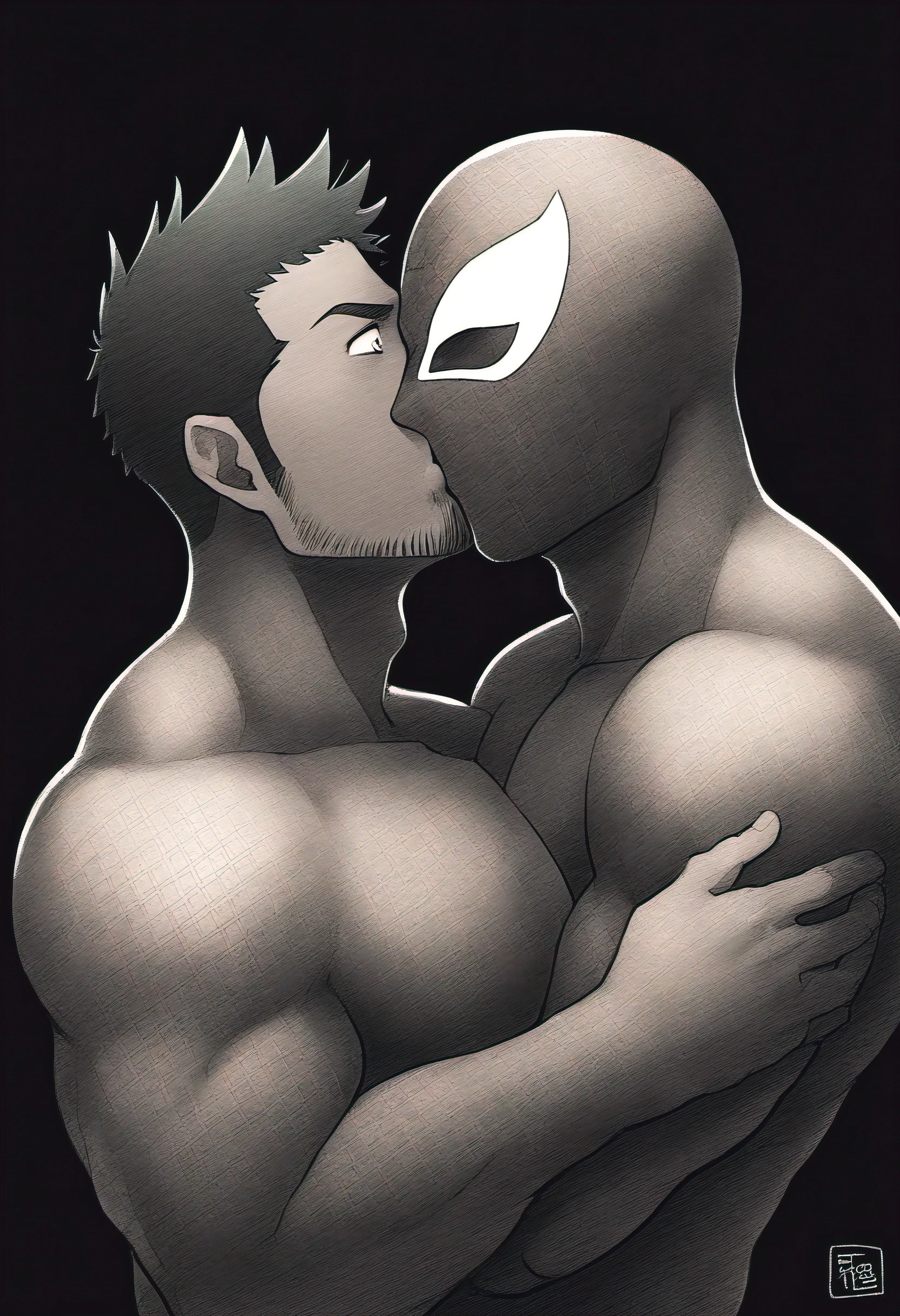 anime characters:Guy Priapus and the Black Spider-Man, Embrace, kiss, Muscular Spider-Man, male focus, No Spider-Man Logo, Upper body, aged leather texture, He wears a White tights, small grid texture, spiderman mask, Spider-Man logo, muscular male, Extra large breasts, only, alone, Black background, simple background, amazing quality, best aesthetics, Ridiculous, scared, drop shadow, best quality