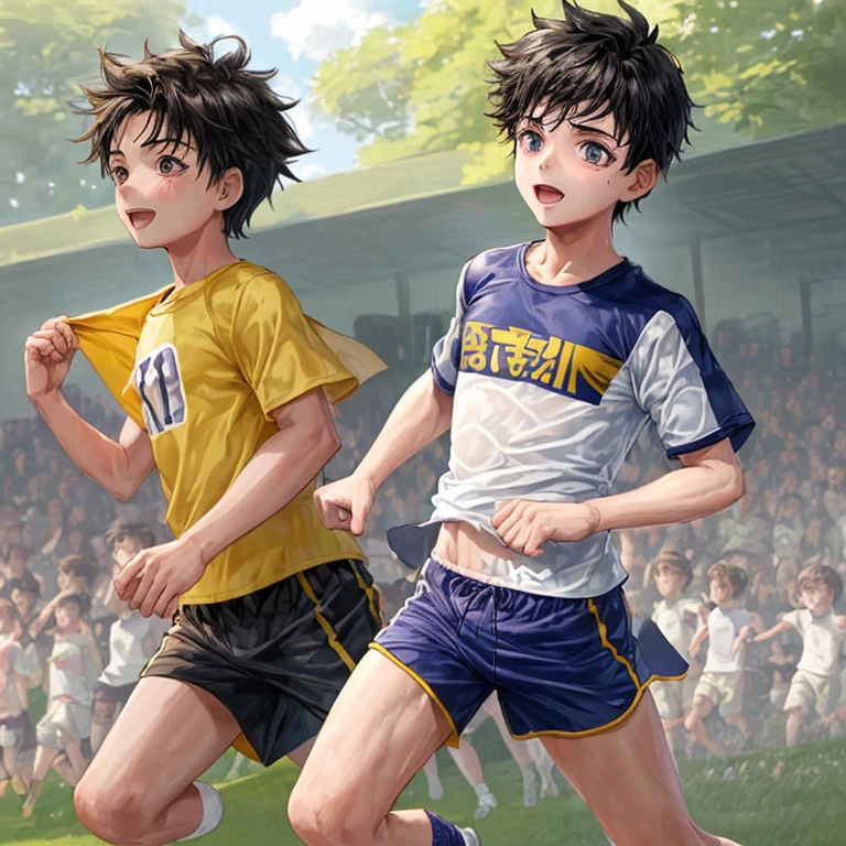 12-year-old boy in chest-baring shorts running in 3l field