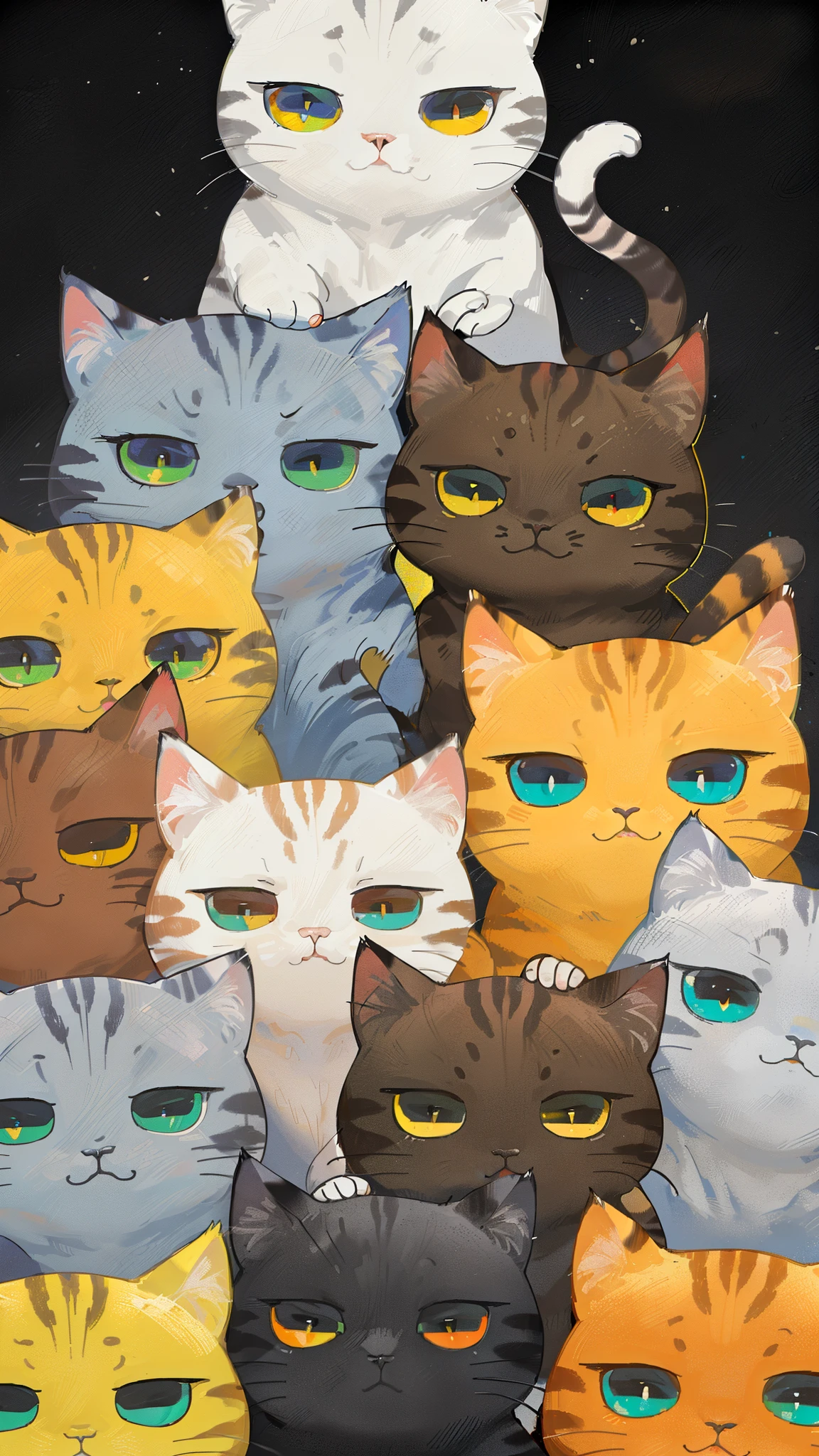 there are many Cat that are all different colors together, serious face, Cat, CatCatCat, Cats, Cat! Nearby, squeeze, 动漫Cat, Countless pairs of eyes emit faint light, cat cat dreamCat, Cat cat dreamCat, frown, cute face, glowing eyes everywhere, cute Cat, lovely artwork, Cat设计, too many eyes