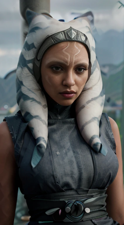 (best quality)), ((master part)), ((Realistic)), (detailed, photorealistic, ultra-detailed, Absurd), photo of a beautiful woman (Indian, 30 years old, long brown hair, thin lips, detailed eyes and face, Huge breasts, big waist, sweating) wearing Star war ((Ahsoka Tano costume)) (lora: Ahsoka Tano  women:1.2), ((women in Ahsoka Tano  cosplay)), city, sci fi, 