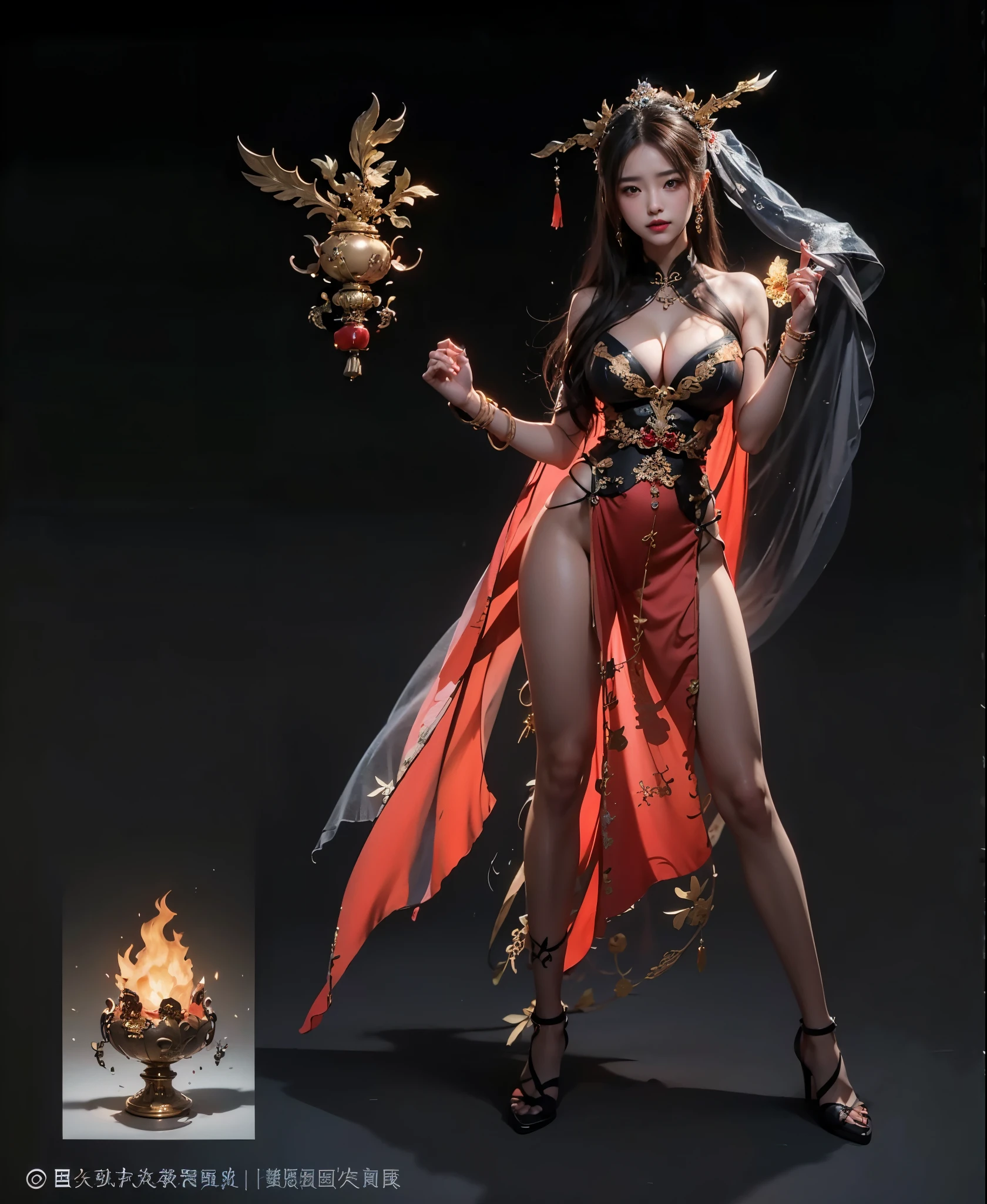 (((Finger details))),Close-up of a woman wearing a red and black dress, full body xianxia, feng zhu concept art, Demon noble character design, Appearing as the Fire Goddess,pantyhose,long brown hair, A provocative look,Onmyoji Detailed Art, amazing 8k character concept art, concept art,Rendering character art 8k,This female character,She wears a gorgeous red and black outfit,Golden details add a touch of nobility。她的long brown hair随风轻舞,It gives a fluttery feeling。Complex and exquisite headdress,Seems to be studded with shining gems,It highlights her noble temperament。Implying that she is a brave and fearless warrior,The background is solid black,使得This female character更加突出,As if she is a bright light in this dark world。Icon at the bottom of the picture,Although I'm not sure exactly what it means,But it may have something to do with her identity or story,It gives a mysterious feeling。Overall,This female character充满了神秘而高贵的气息,Her existence seems like a mystery,Waiting for us to unveil her veil,Explore her story。