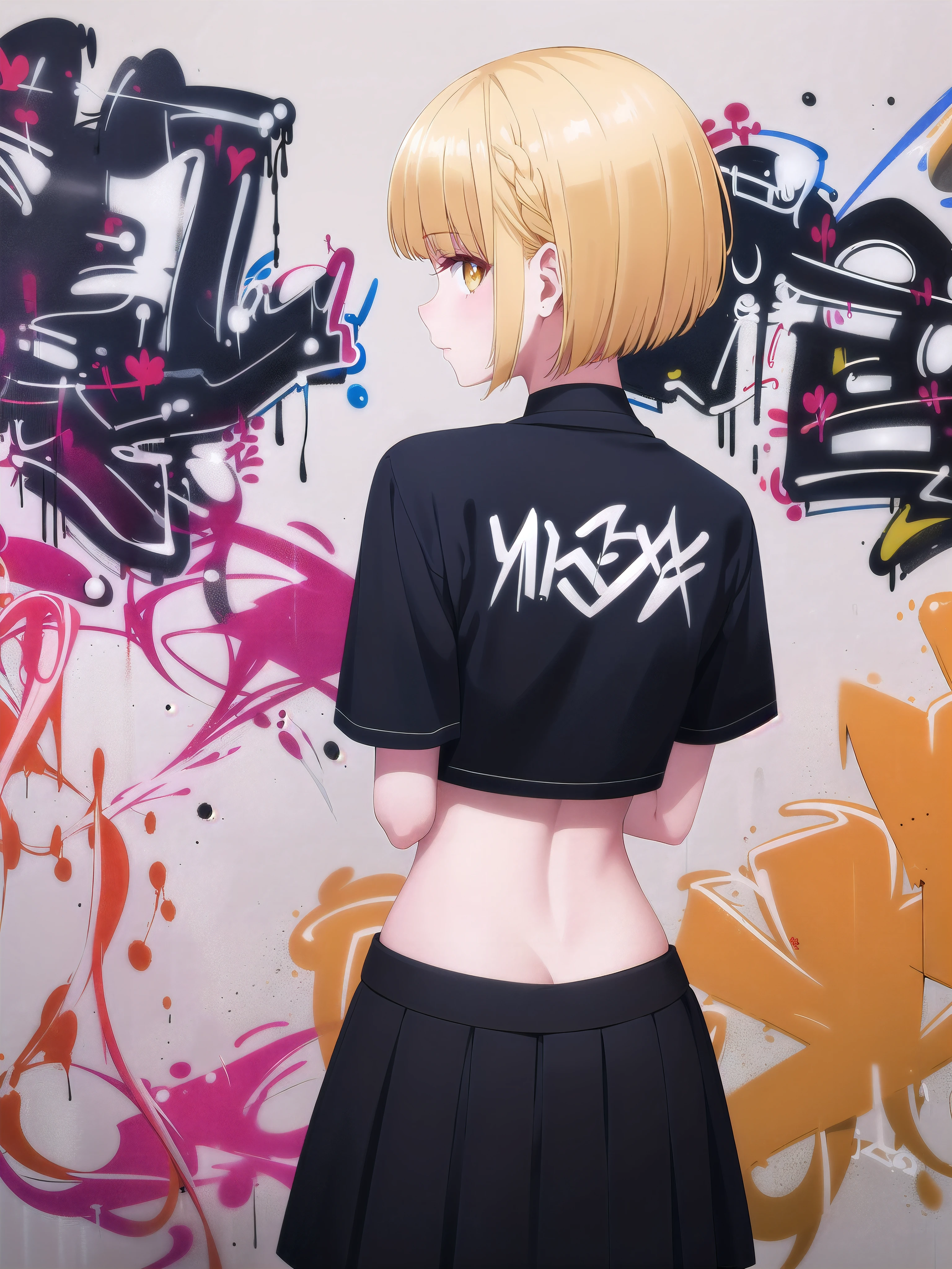 masterpiece, best quality, 1girl, solo, stylish crop top, vibrant yellow hair, bobhair, short-hair, short bob hair, (((bobcut))), ((haircut:1.3)), undercut, bobbed hair, minibob, sidecut, buzz haircut, sidecut, side of head shaved, yellow eyes, ((Shave his hair)), graduation bob, straight short hair, Hair in ears, elegant braid, soft bangs, exposed back, alluring choker, (graffiti:1.5), artistic paint splatter, seductive arms behind back, leaning against wall, exposed back, looking at viewer, fashionable armband, urban hiphop style, flirty skirt, playful head tilt, intense expression, warm orange, dynamic asymmetrical design, bold geometric shapes, creative street art