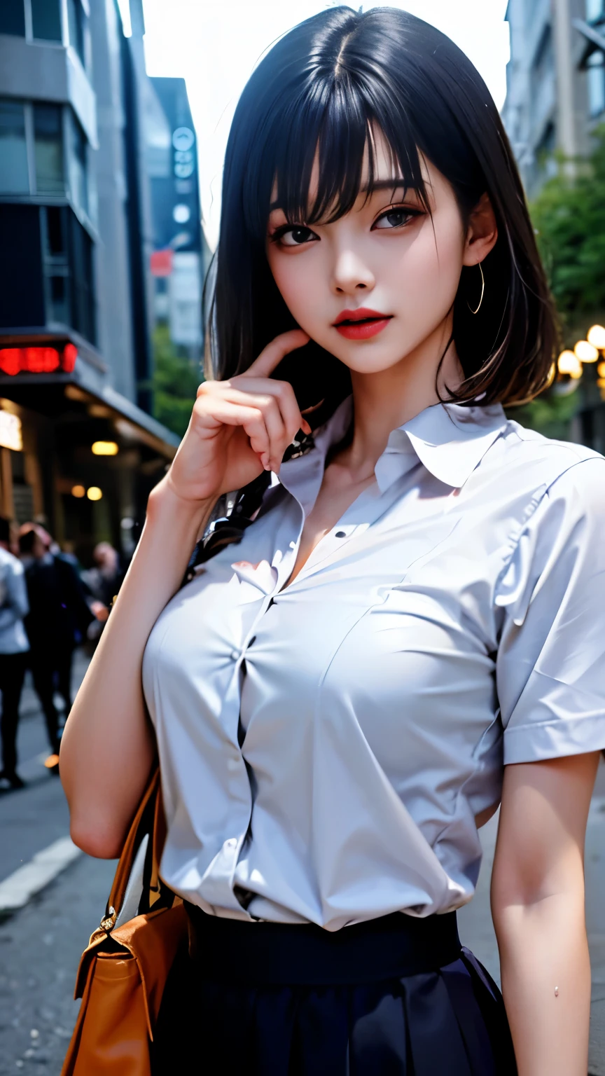 The 高いest quality, masterpiece, formal, movie atmosphere、、(key light:Front diagonal 45 degrees, fill light、Backlight、Shadow、blue and orange color palette), accurate human body、knowledgeable person、Correct five-finger、
(dripping sweat、oil skin,Sparkling肌、realistic skin texture、Fine and beautiful skin、shiny skin、shiny skin)
(detailed pupil, perfect eyes:1.2), (Clothes that reflect light and are wrinkled and shiny:1.2), Sparkling, Sparklingした金色, (hoop earrings), necklace, glamorous perfect female proportions, enchanting smile, fine surface texture, 高い school girl、bewitching woman、black hair、straight short hair、(((big breasts))), big breastsの谷間、1 gal girl、high school girl、high school clothes、White shirt and black pleated skirt、late night、street corner at night、In front of the station at night、((( Shoryuken)))