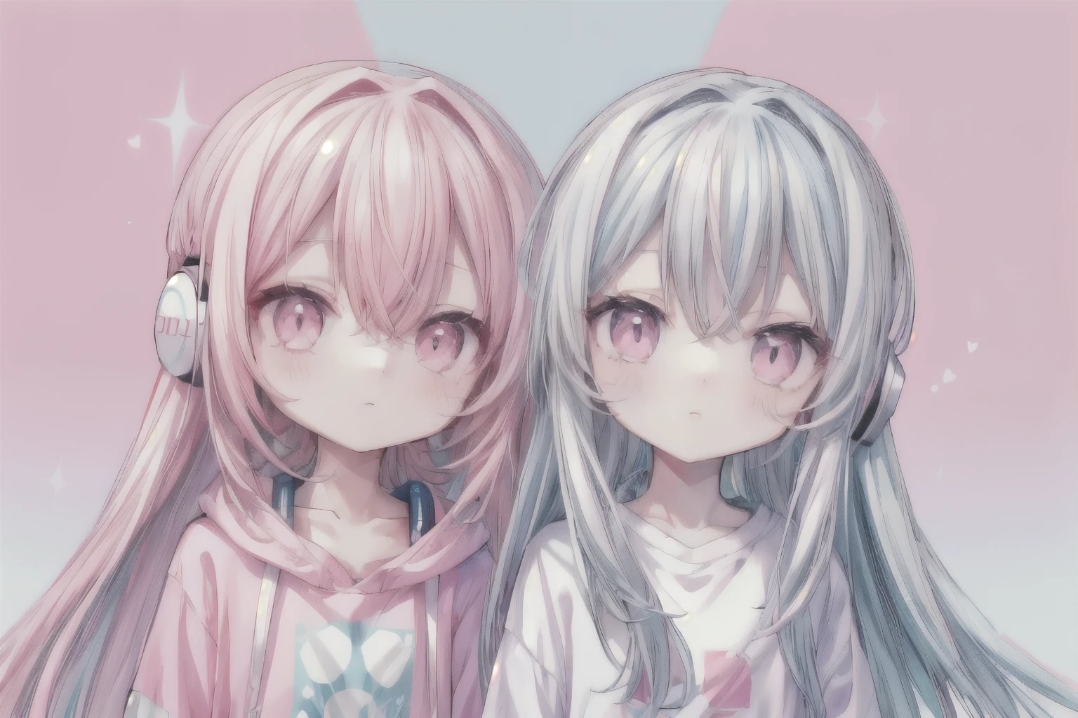 light blue long hair,Pink and white sweatshirt,pink eyes,black headphones,Lollipop in mouth