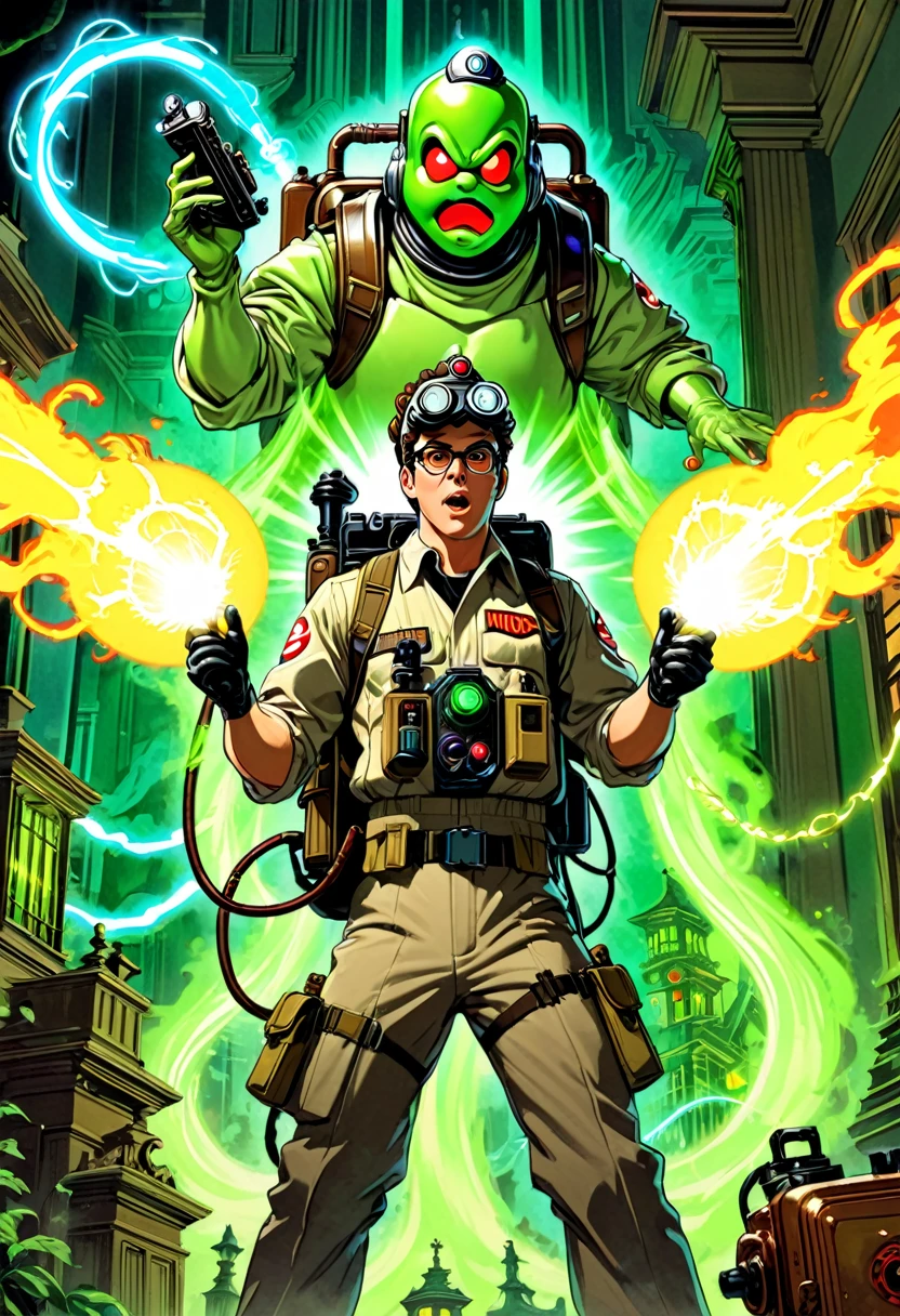 Anime artwork. Male Ghost Busters,  firing Spengler's Proton Pack,  wearing VR helmet,  haunted mansion background,  art by J.C. Leyendecker, slimer ghost, Ecto 1 vehicle