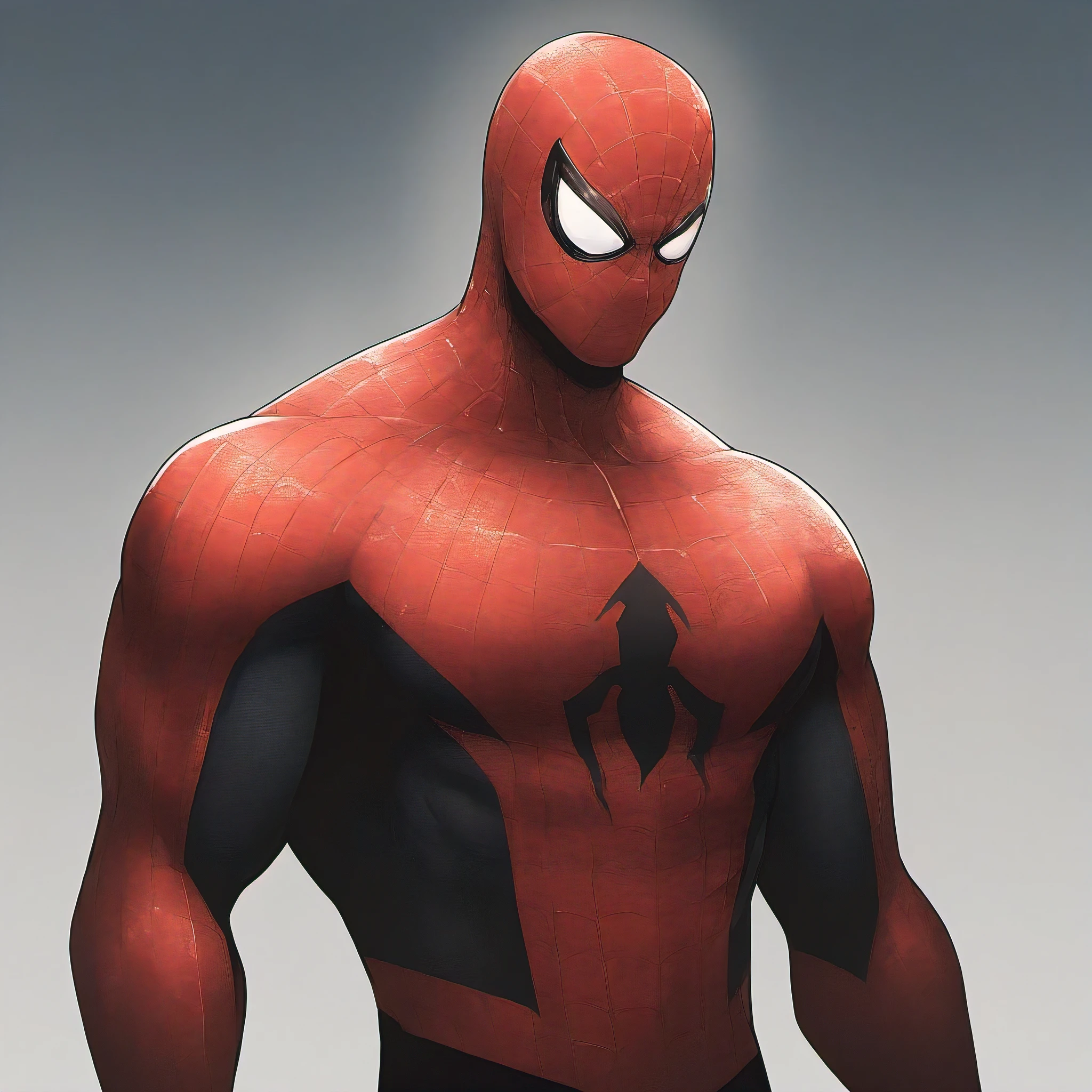 anime characters:Spider-Man in red and black, Muscular Spider-Man, male focus, No Spider-Man Logo, Upper body, Buzz Cut, eyes are sad shape, Black and red tights, small grid texture, spiderman mask, Spider-Man logo, muscular male, Extra large breasts, only, alone, White background, simple background, amazing quality, best aesthetics, Ridiculous, crew cut, drop shadow, best quality