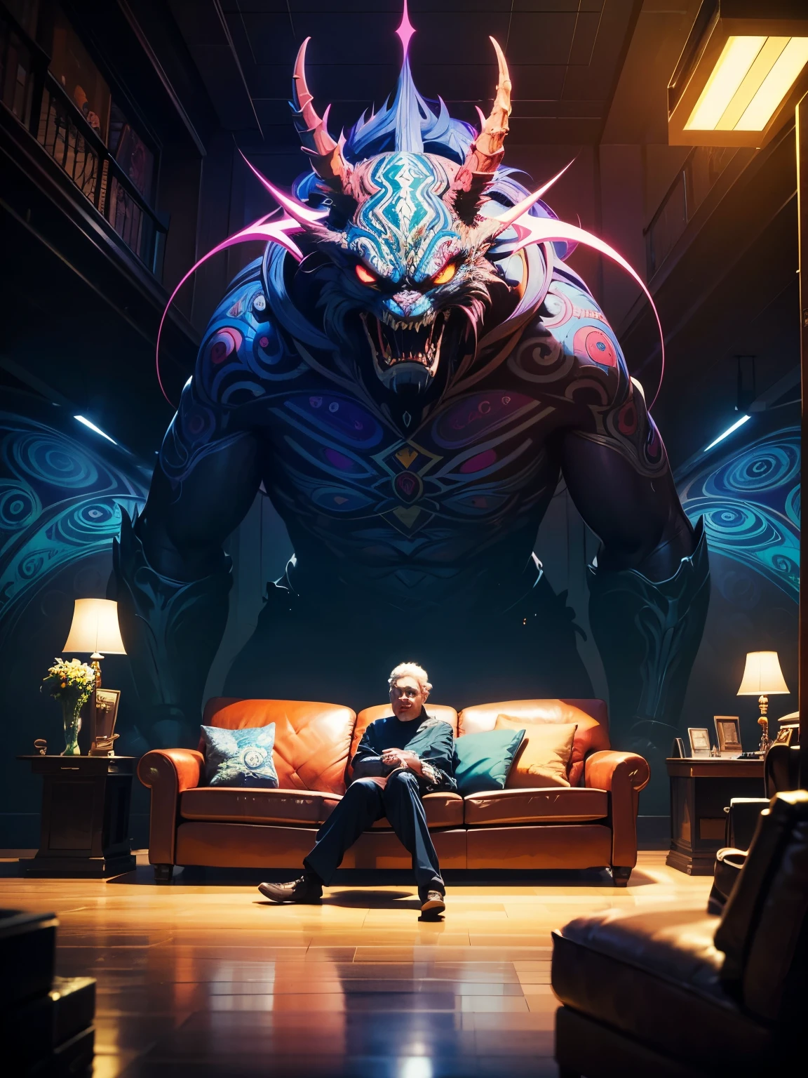 a picture taken from a computer of a man sitting on a couch in a room full of monsters, concept art by Dan Mumford, behance contest winner, psychedelic art, dan mumford and alex grey style, in the style dan mumford artwork, el bosco and dan mumford, anton fadeev and dan mumford, dan mumford and peter mohrbacher