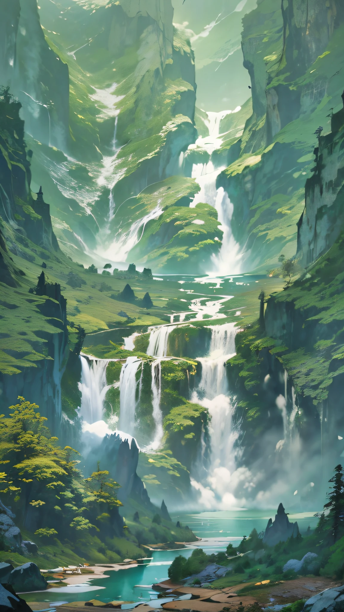 painting of a waterfall in a mountainous area with a boat in the water, highly detailed digital painting, immense waterfall, multiple waterfalls, an endless waterfall, made of tree and fantasy valley, digital painting highly detailed, floating mountains, very detailed digital painting, highly detailed fantasy art, environmental concept art, detailed fantasy digital art, detailed painting 4 k, fantasy landscape painting