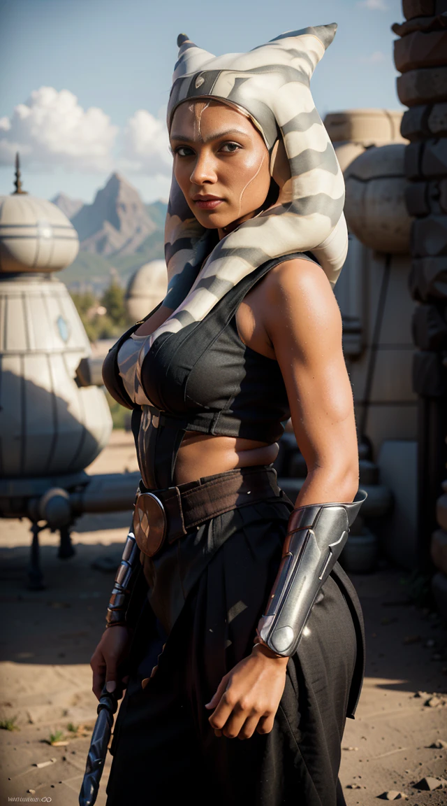 (best quality)), ((master part)), ((Realistic)), (detailed, photorealistic, ultra-detailed, Absurd), photo of a beautiful woman (Indian, 30 years old, long brown hair, thin lips, detailed eyes and face, Huge breasts, big waist, sweating) wearing Star war ((Ahsoka Tano costume)) (lora: Ahsoka Tano  women:1.2), ((women in Ahsoka Tano  cosplay)), city, sci fi, 