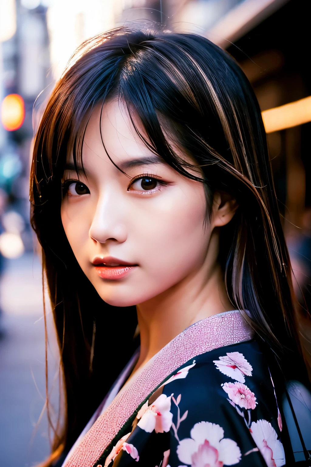 Beautiful Japanese supermodel woman, A lock of hair with slight highlights, black eyes, Sexy,street background,Gorgeous kimono , Liquid color flows across her face, Shooting against the light,Perfect facial lighting,mixed media